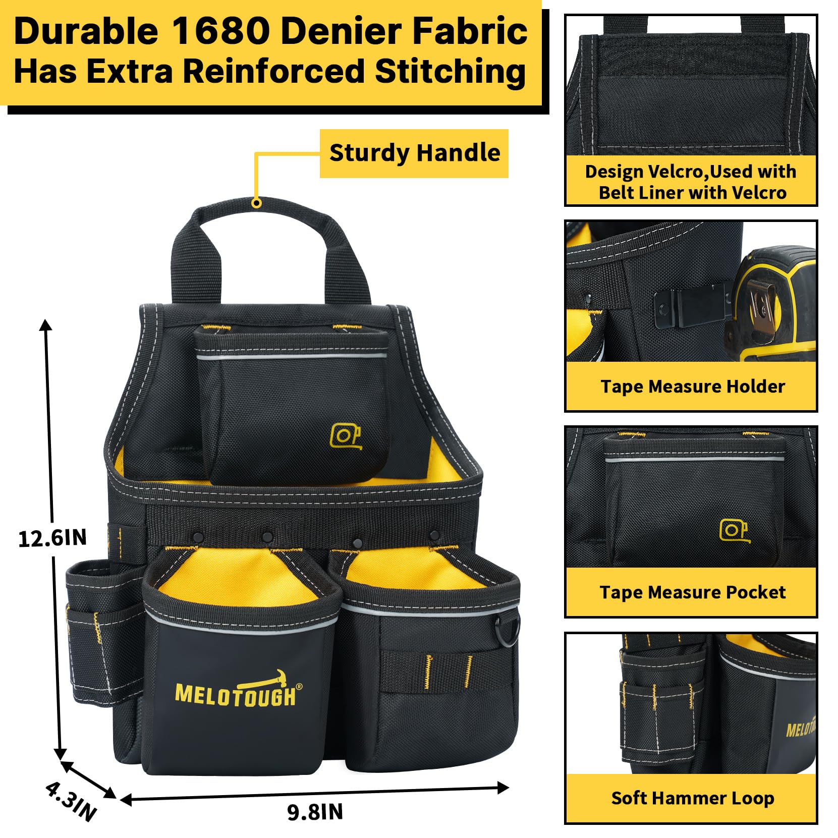 MELOTOUGH Tool Pouch with Belt,13 Pockets Small Utility Tool Pouch Designed for Carpenter,Construction,Maintenance Worker Adjustable 2-Inch Belt,Yellow - Image 2