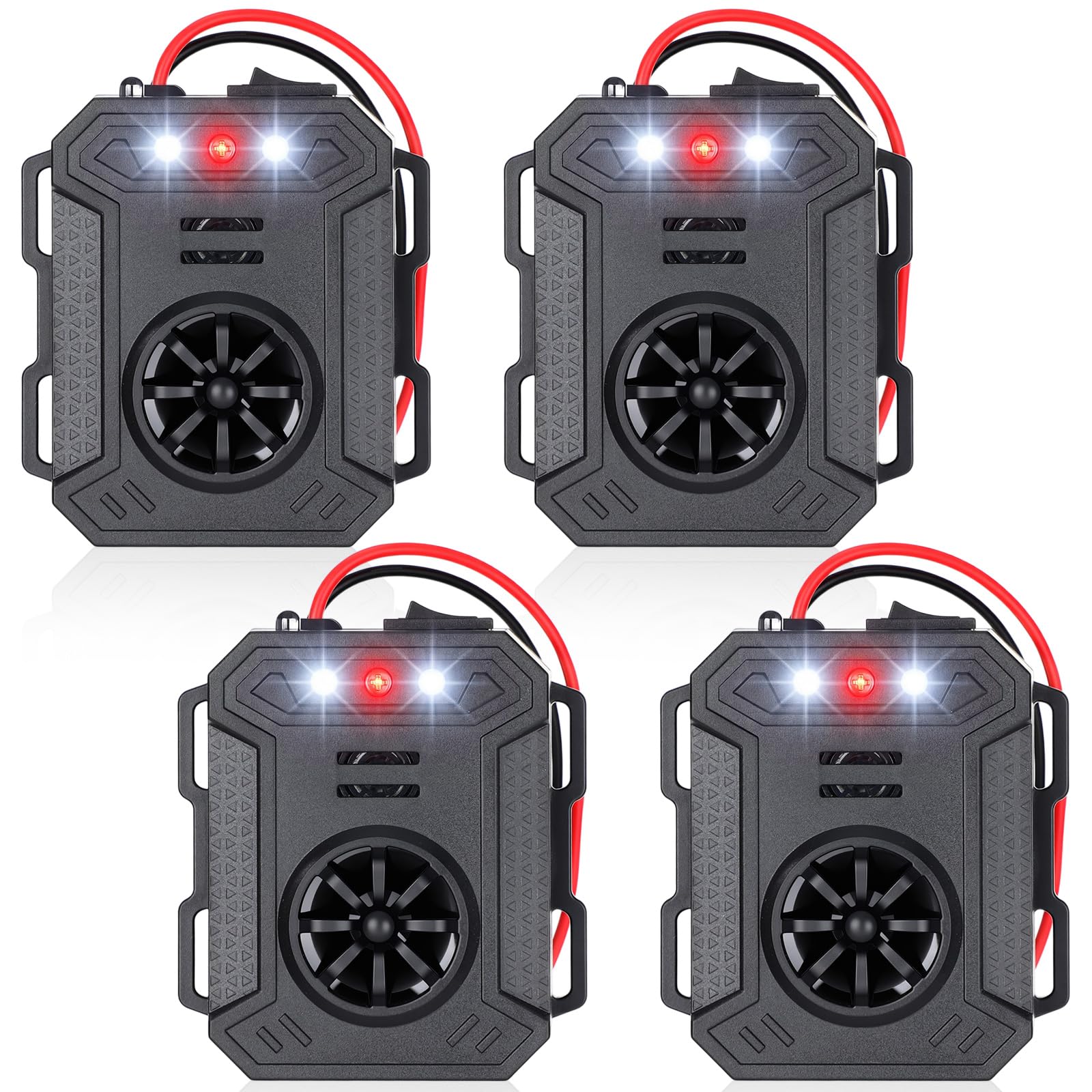 Lot de 4 répulsifs anti-rongeurs sous le capot avec lumière stroboscopique et 3 méthodes d'alimentation, répulsif professionnel à ultrasons pour souris, rats, écureuils, pour voiture, camion