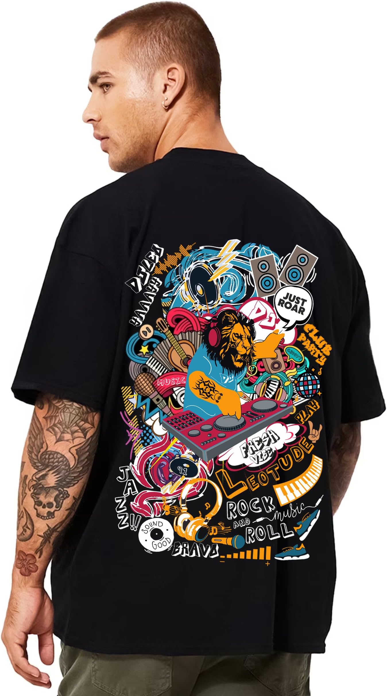 LEOTUDE Men's Oversized Cottonblend Round Neck Half Sleeve Back Printed Drop Shoulder Tshirt(Color : Navy)