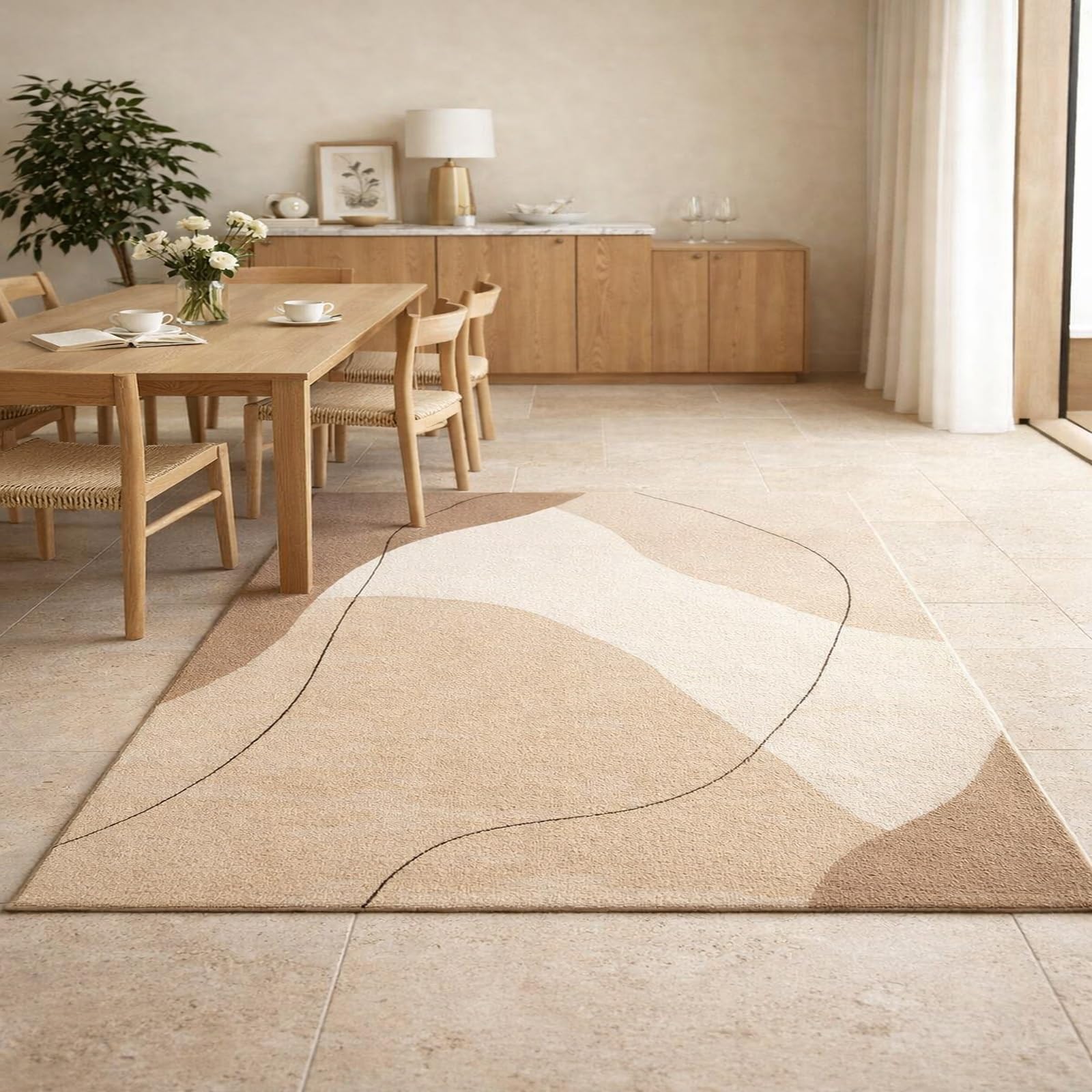 Tapis lavable pour chambre et salle à manger beige moderne 150x150