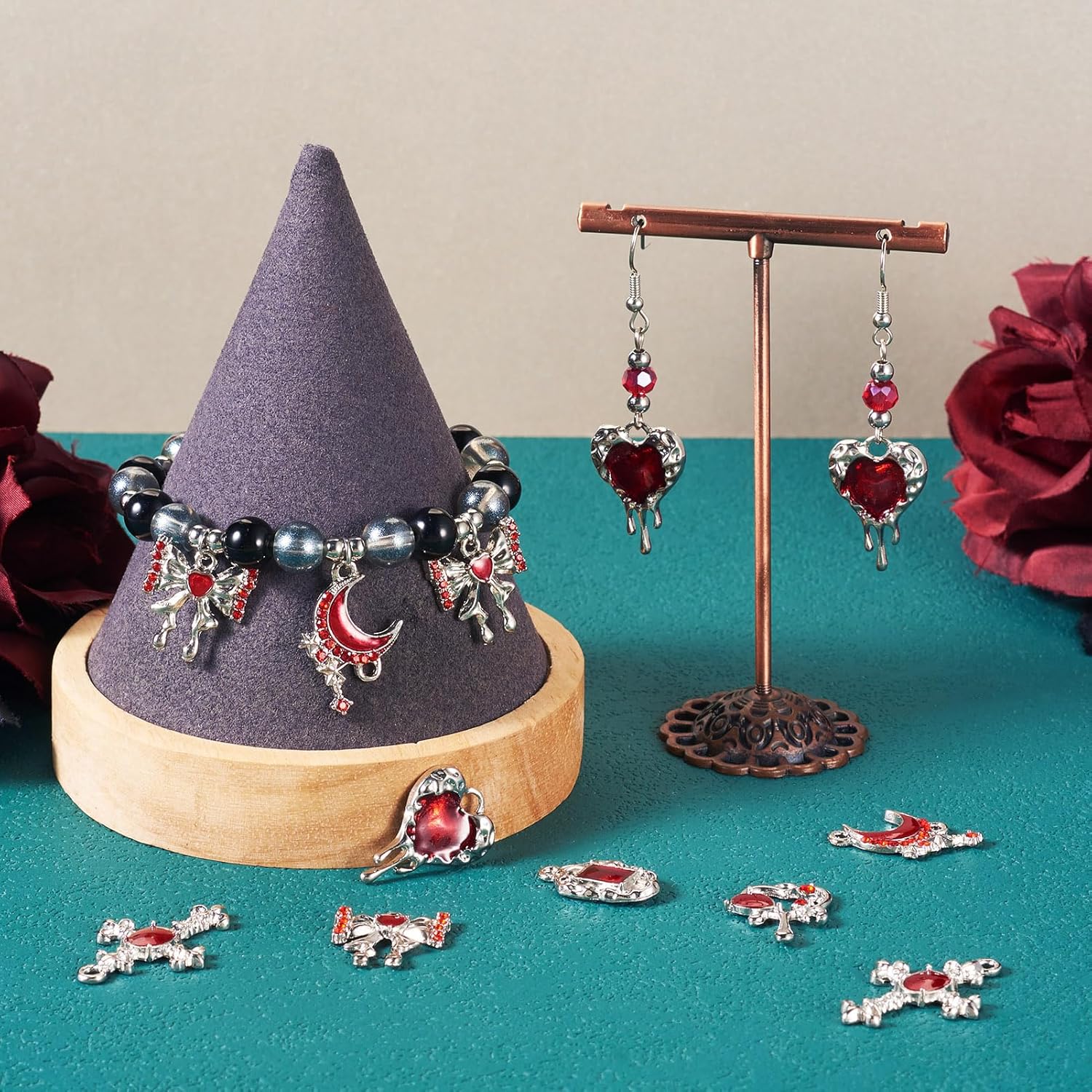 Cheriswelry 18pcs Cross Heart Moon Bowknot Metal Pendants Gothic Style Alloy Enamel Dangle Charms Rectangle Teeth Rhinestone Earring Charms 18~31mm for DIY Craft Necklace Jewelry Making - Image 2