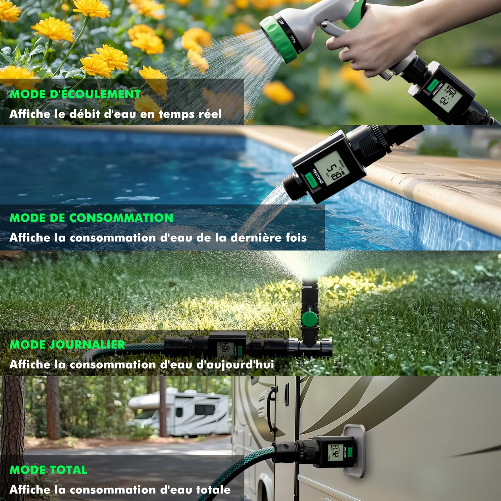 RESTMO Compteur de débit d'eau Intelligent Robinet Tuyau d'arrosage