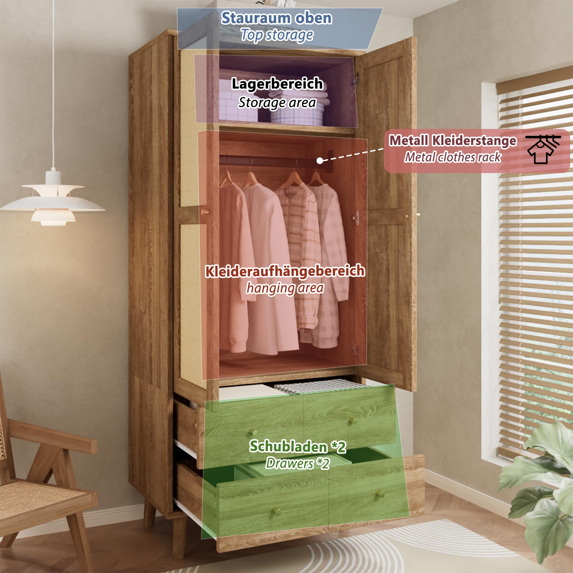 Armario con aspecto de madera natural oscura, armario multiusos con diseño de ratán, barra para ropa, estantes de almacenamiento, 2 cajones y patas de armario, armario para dormitorio, pasillo y