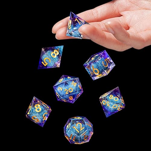 Miniatura 6 de AUSTOR Juego de dados DND de resina de núcleo líquido, de borde afilado, 7 troqueles, juego de dados DND de arena movediza hechos a mano para juegos