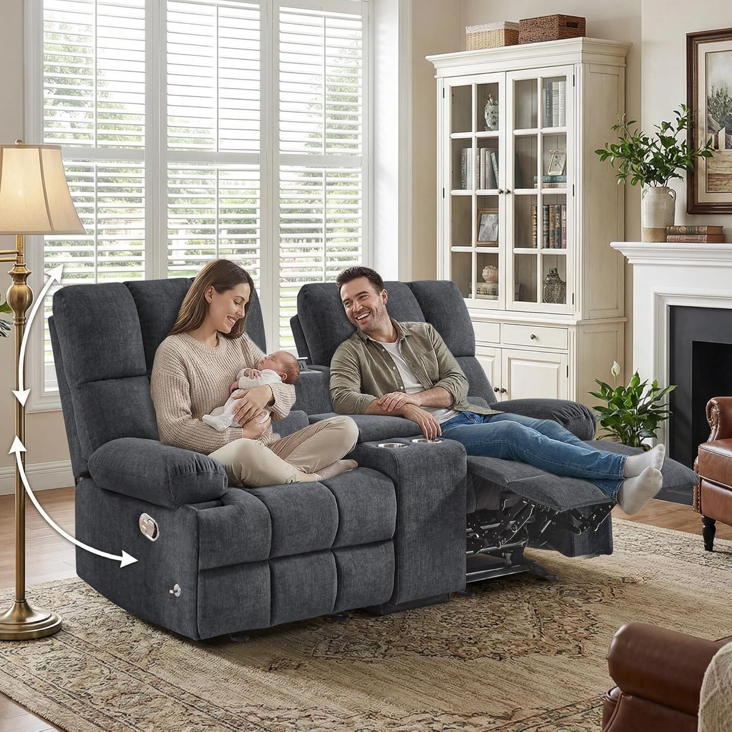 Loveseat Recliner Sofa with 30° Rocker Function, Cat-Proof Fabric Manual Reclining Couch for Living Room & Nursery, Rocking Loveseat with Phone Holder, Hidden Socket & Console (Grey)