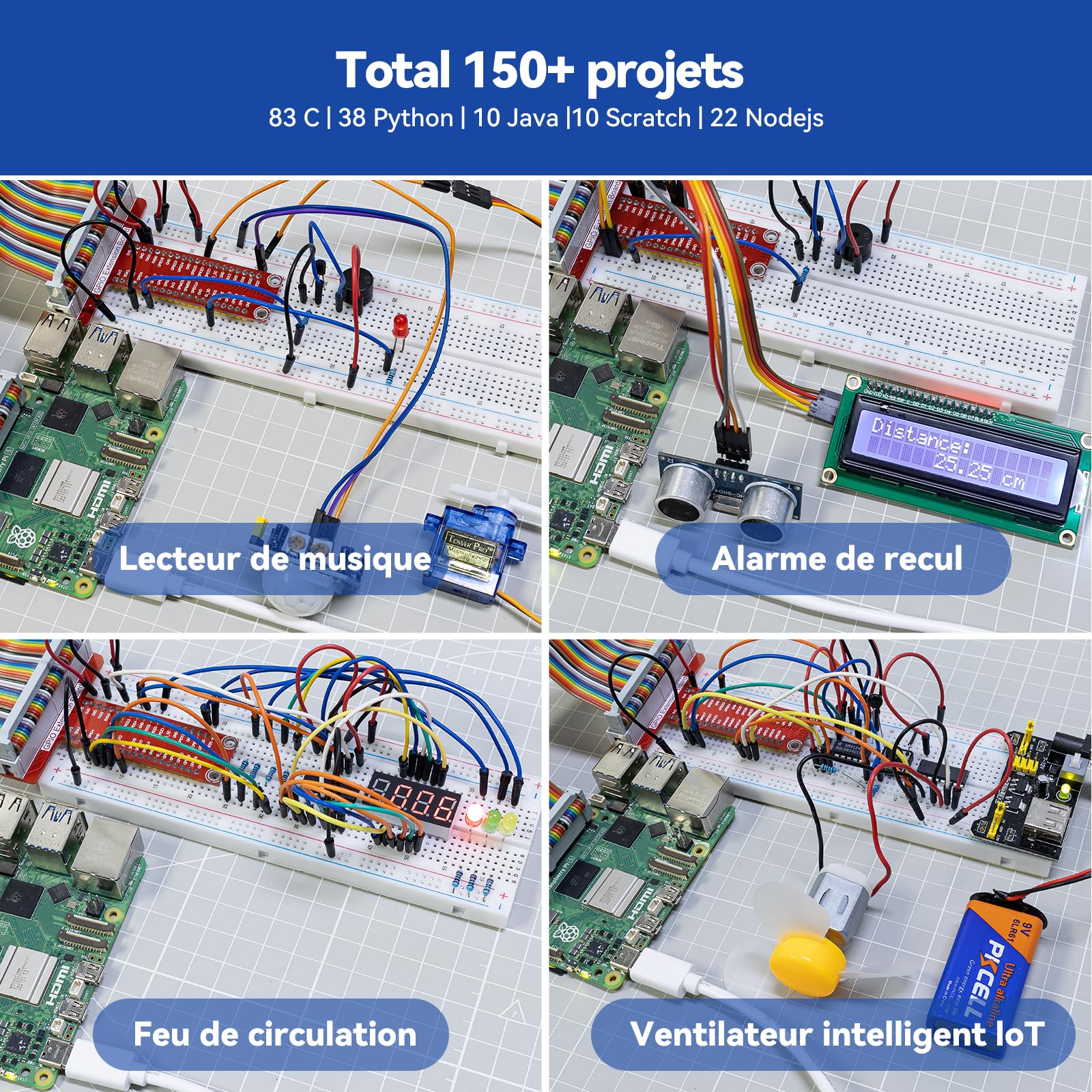 SunFounder Da Vinci Starter Kit pour Raspberry Pi 5 4B 3B B+ 400, Zero 2 W, Python C Java Scratch Node.js, Tutoriels en Ligne et Cours vidéo pour débutants et Experts (Raspberry PI Non Inclus)