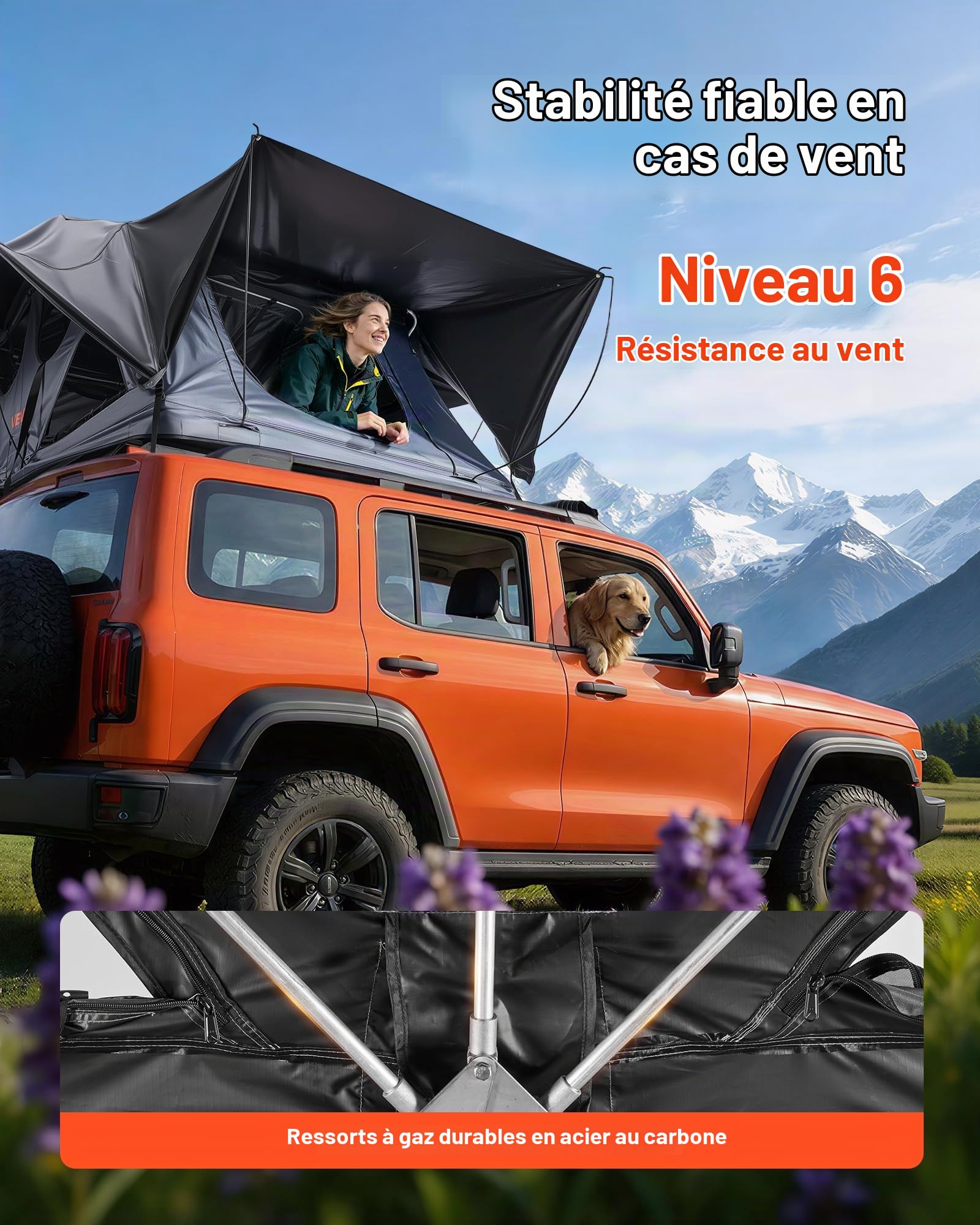 VEVOR Tente de Toit pour Voiture Pliable, Tente de Toit à Coque Rigide pour 2-3 Personnes, pour Camping Caravane SUV, en Aluminium, Étanche et Coupe-Vent, avec Éclairage LED, Matelas et Fenêtres