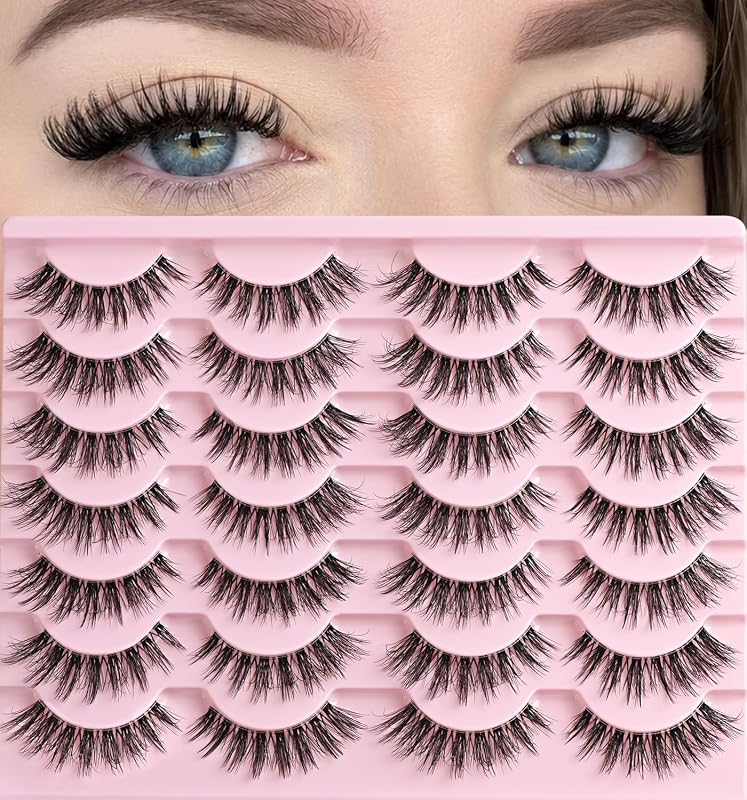 Cílios postiços QUNETY estilo wispy cat-eye com faixa transparente, 14 pares