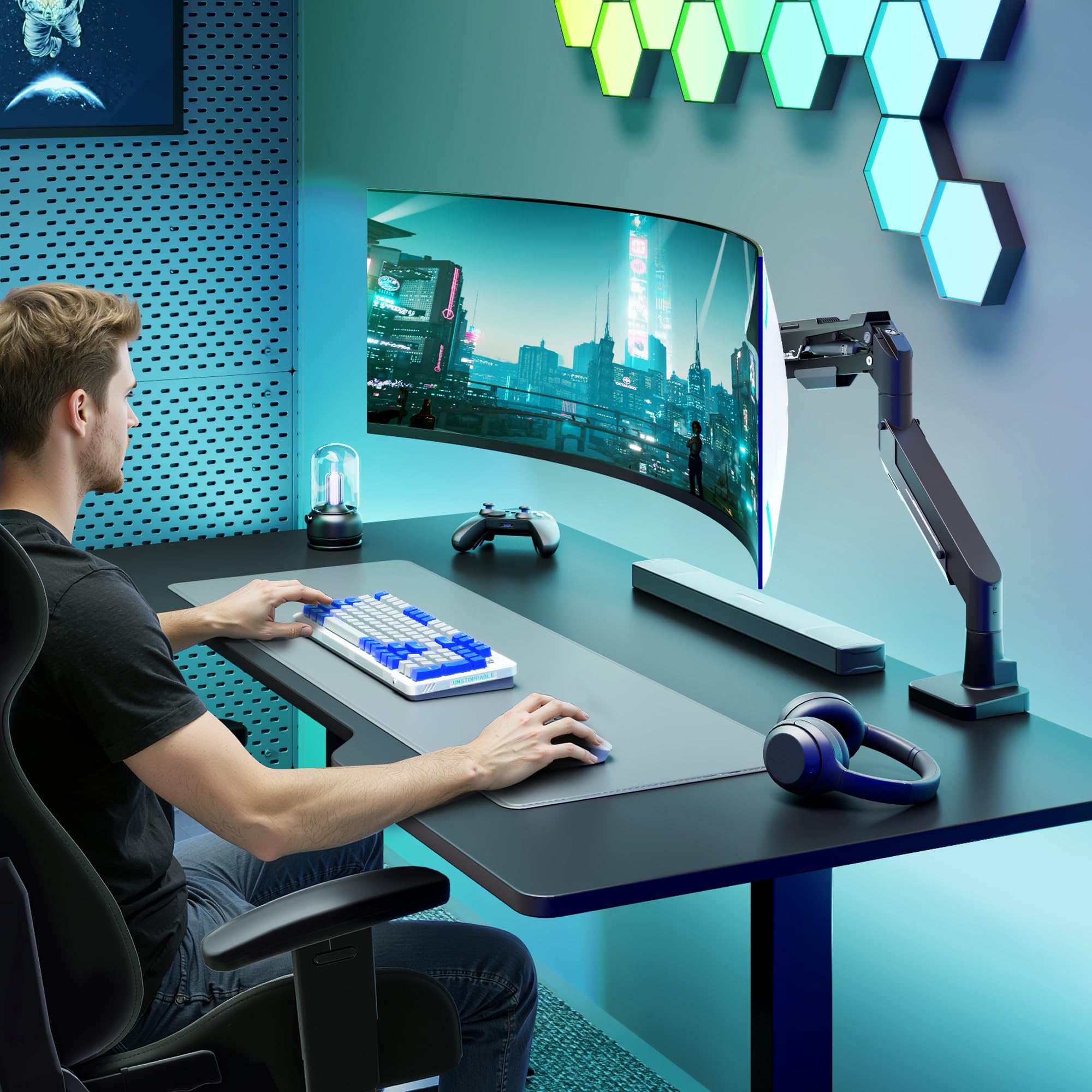 ARES WING Supporto per monitor Ultrawide 24 – 57 pollici, Nero | braccio per monitor con molla a gas, altezza regolabile, portata massima 30 kg, VESA max fino a 200 x 200