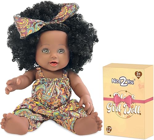 Nice2you Muñeca de bebé negra de 12 pulgadas, muñecas negras afroamericanas para niñas de 1, 2, 3, 4, 5 años, muñeca realista Reborn de 12 pulgadas