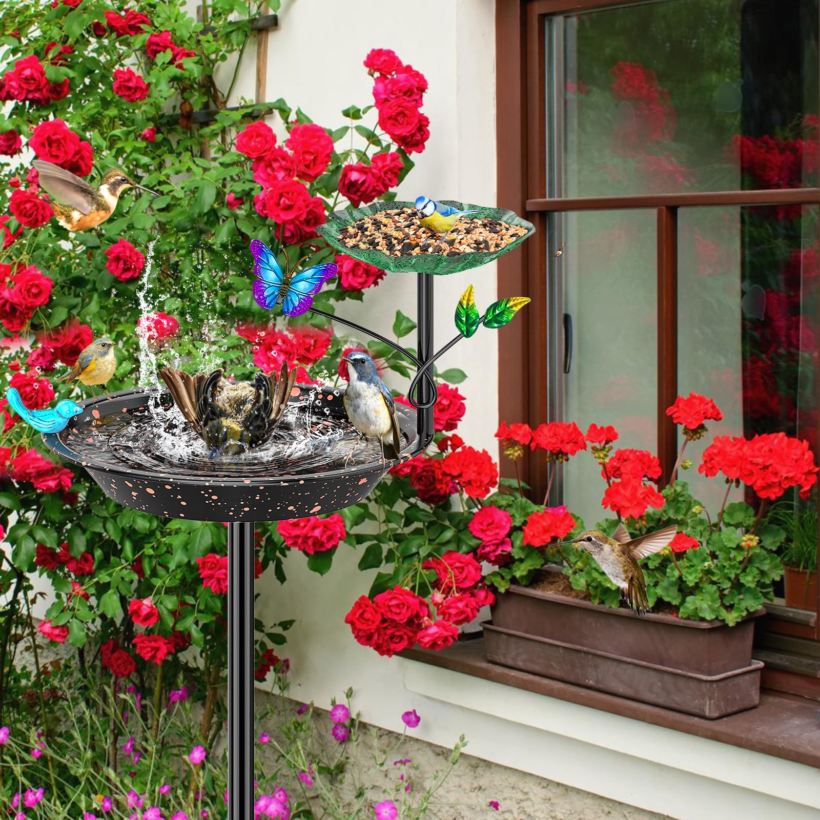Vogeltränke aus Metall für den Außenbereich, Garten, Vogeltränke, freistehende Vogelfutterspender für den Außenbereich, mit 5 Zinken, Bodenpfahl, stehende Vogeltränke, Schüssel für Hofdekoration