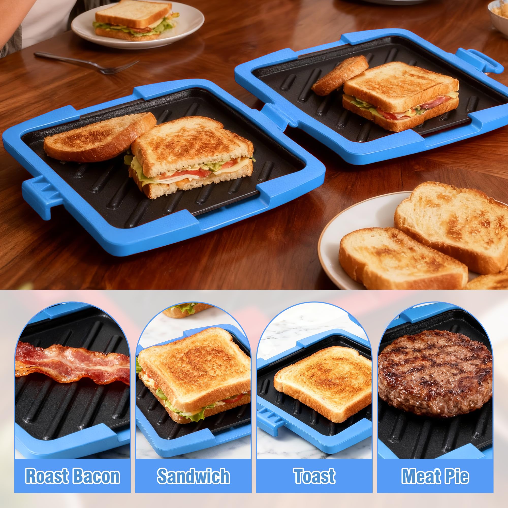 Sandwichera Microondas, Tostadora de Sándwiches 16 x 16cm, Sandwichera para Microondas con Platos Desmontables y Band de Silicona, Sandwich Maker para Paninis Sándwiches Bacon