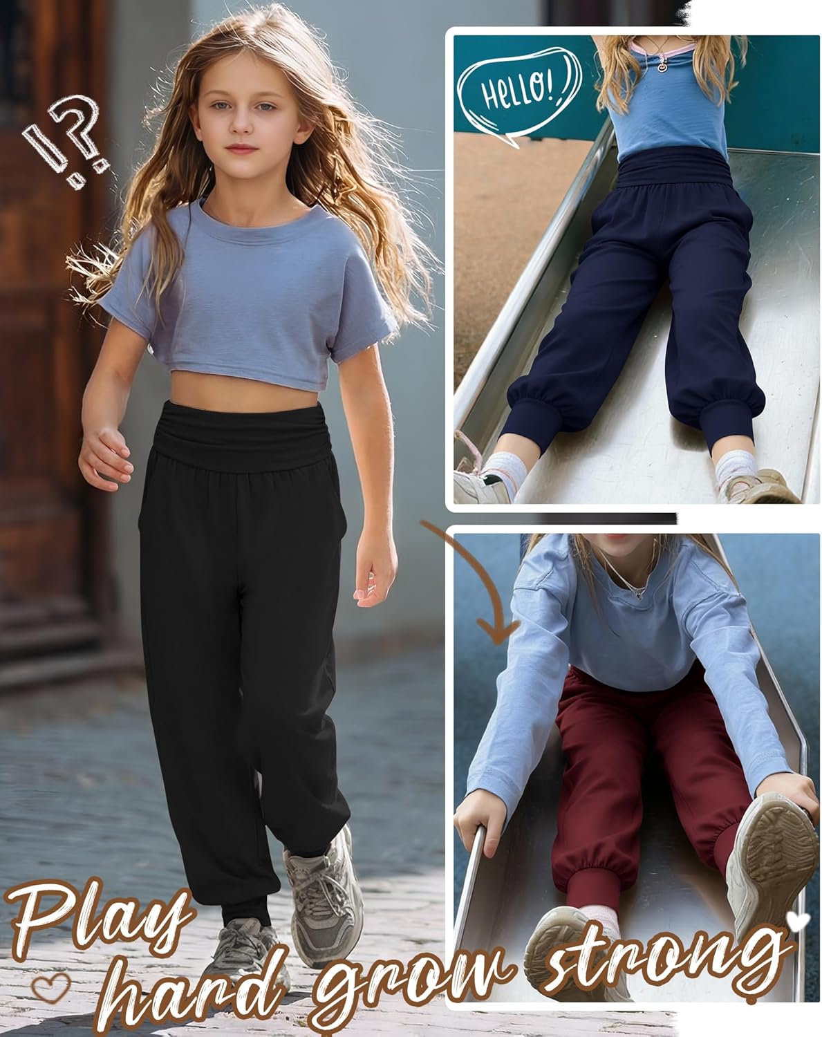 Oakgarden 3 Pack Girls' School Uniform Pants Loose Leggings Casual Joggers Active Sweatpants with Pockets for Kids 5-14 Years