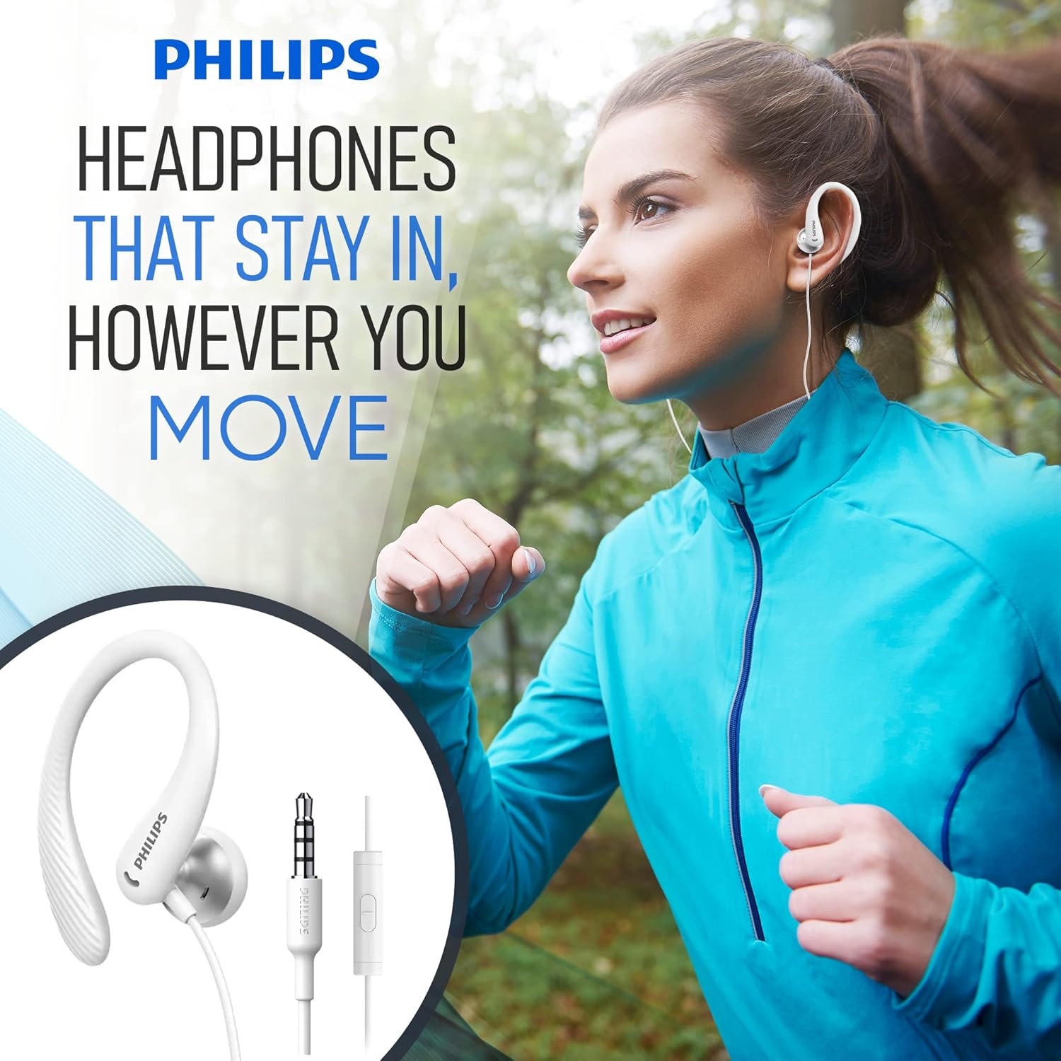 PHILIPS Over The Ear Earbuds, Flexible Wrap Around Earbuds, Around Ear Headphones with Mic Behind The Ear Headphones, Perfect for Sports, Running, Exercise, Gym (White) - Image 4