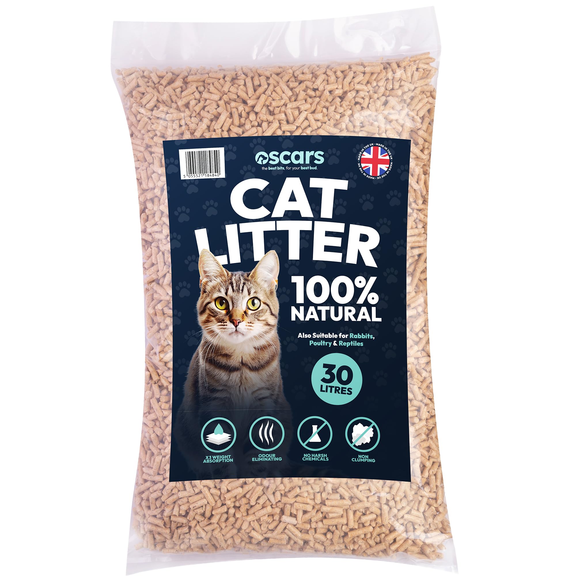 Oscars Cat Litter 30L - Ultra-Absorbent Wood Pellet Cat Litter - Non-Clumping, Dust-Free, Odour Control Wood Pellets for Cats & Kittens - Biodegradable, All Natural Virgin Softwood