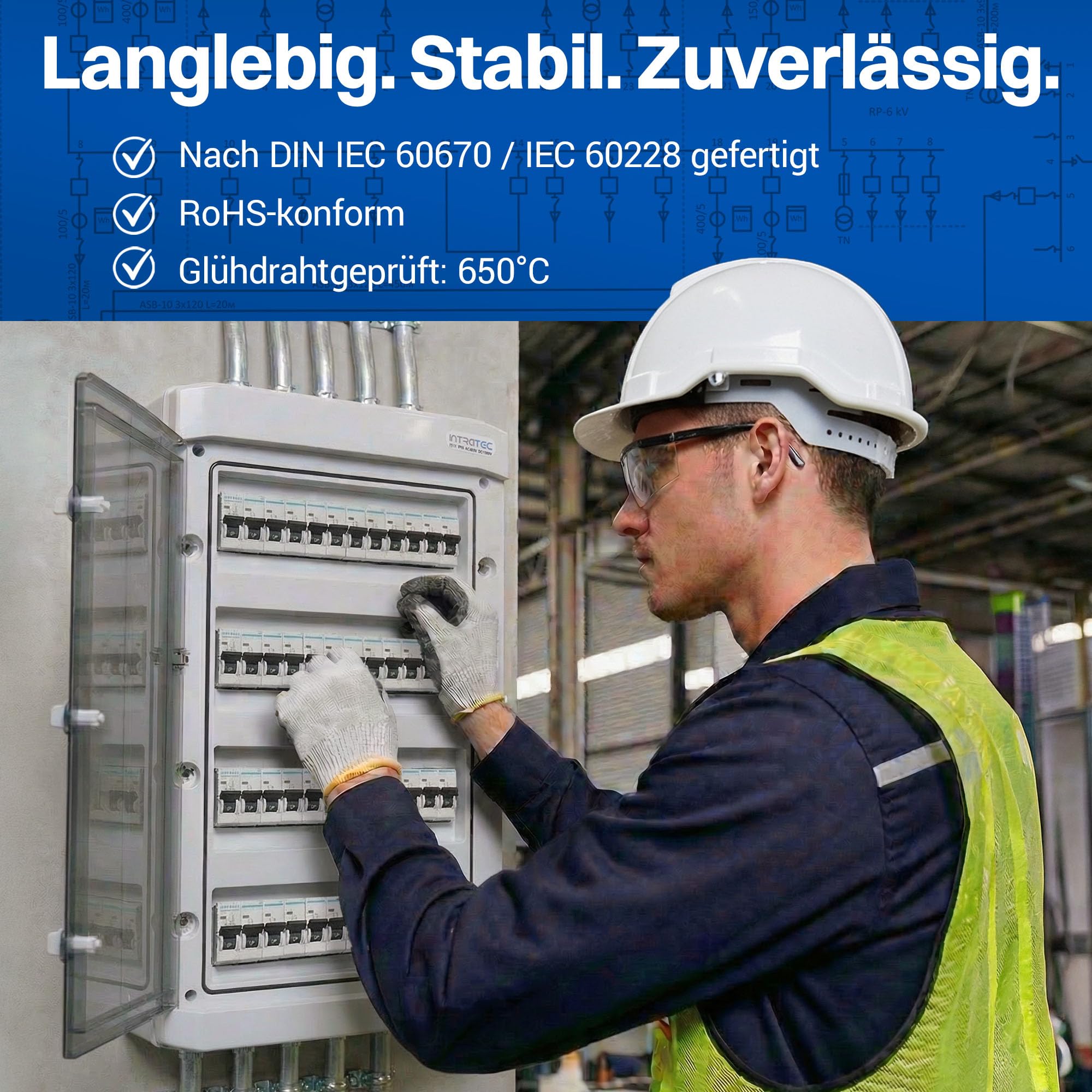 Intratec Verteilerkasten Aufputz 4 reihig – IP65 Sicherungskasten für 48 Module – Feuchtraum Verteiler für Garten, Keller, Garage & Außenbereich – 400VAC 1500VDC Kleinverteiler, 663 x 319 x 144 mm