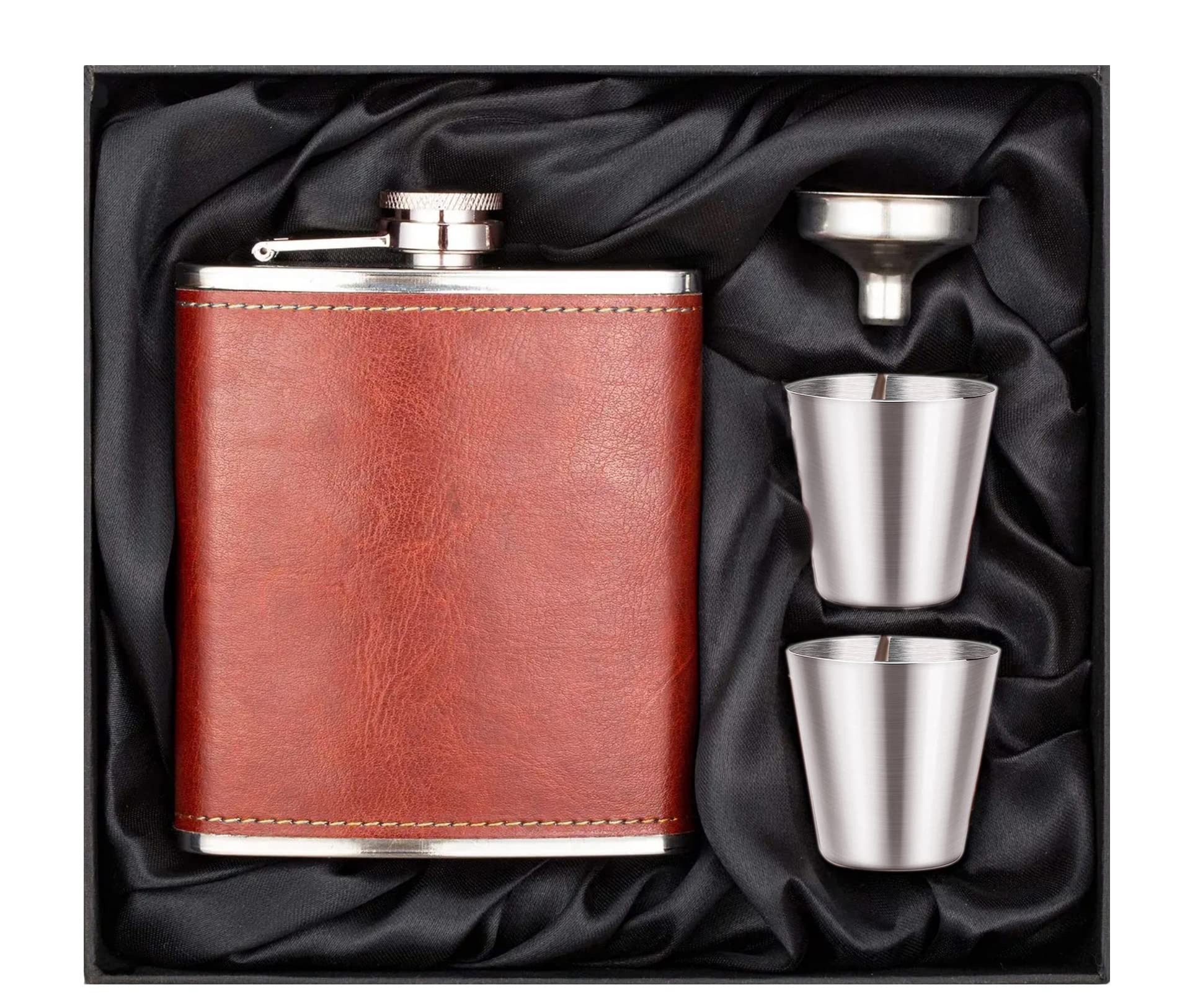 Leather Wrapped Stainless Steel Hip Flask 8 Oz (230 Ml) for Men Women - Liquor Or Wine Whiskey Alcohol Beverages Pocket Holder with Two Shot Glasses and Funnel Bar Set Gift Box - Brown