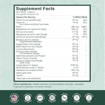 PurePremium Normal Blood Sugar Support Supplement - 20 Active Ingredients Complex to Support Blood Sugar Levels Already in The Normal Range - with Cinnamon, Bitter Melon, Chromium, Mulberry - 120ct