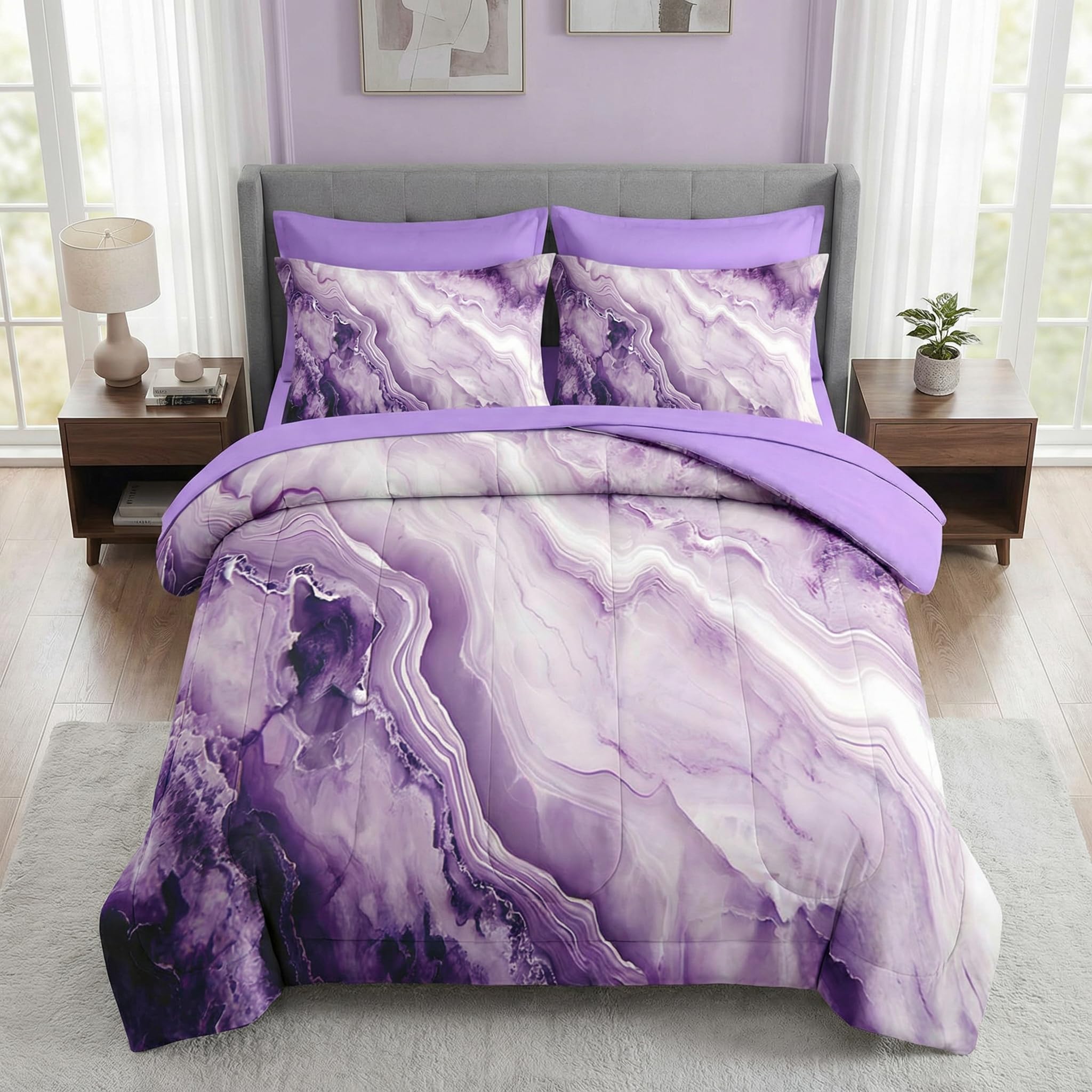 Pamnest Comforter Set Full Size, Purple 7 Pcs Bedding for Kids and Adults, Marble Bed Sheet Sets with Fitted Sheet 2 Pillowcase & 2 Sham for Bedroom