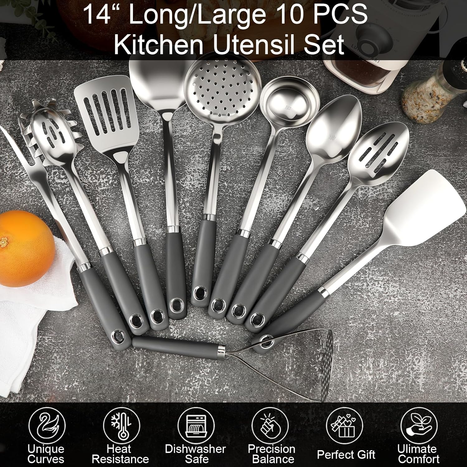 10 Piece Stainless Steel Cooking Utensils Set - 18/0 Heavy Duty Kitchen Tools for Grilling & Serving (Grey)