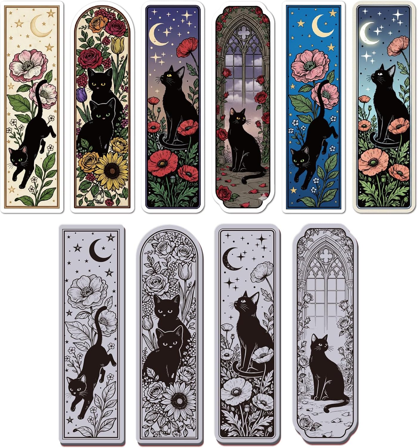 GLOBLELAND Black Cat Bookmark Cling Rubber Stamps 8.7x7 inch Magical Cats Garden EVA Cling Mount Stamp Retro Flowers Cat Frame Rubber Stamps Set for Card Making Photo Album Decor DIY Scrapbooking