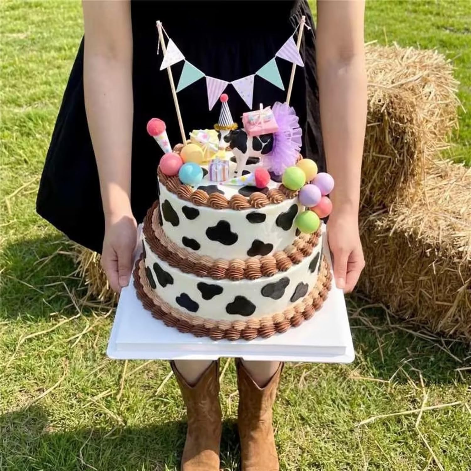 Weysat 19 Pcs Cow Cake Toppers Decorations Set Mini Birthday Hat Skirt Triangle Flag Banner Decor Balls and Ice Cream Cone Cake Topper for Cow Theme Birthday Gender Reveal Party Decorations
