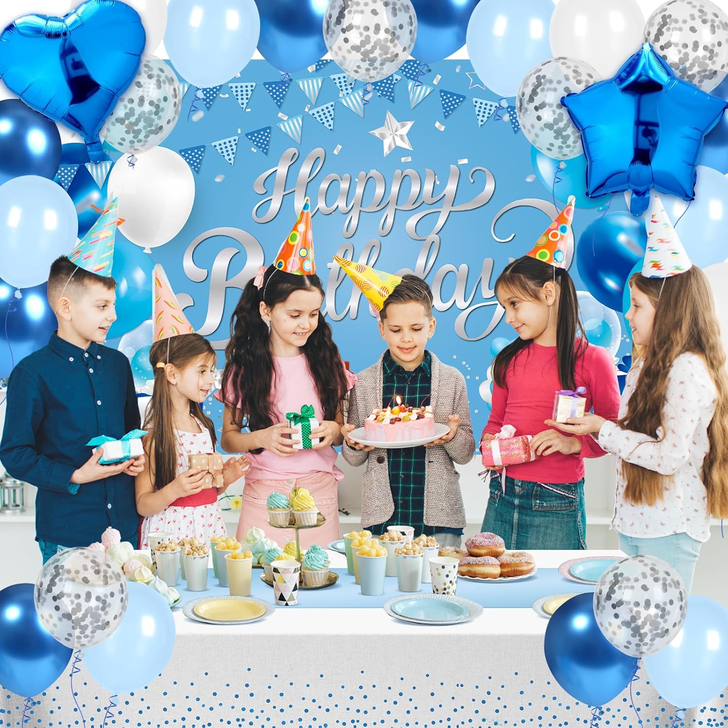 Light Blue Birthday Party Decorations Light Blue Party Decoration Backdrop Banner with Heart Star Foil Balloons Tablecloth Happy Birthday Party Supplies for Boys Girls Men Women Bday Celebration