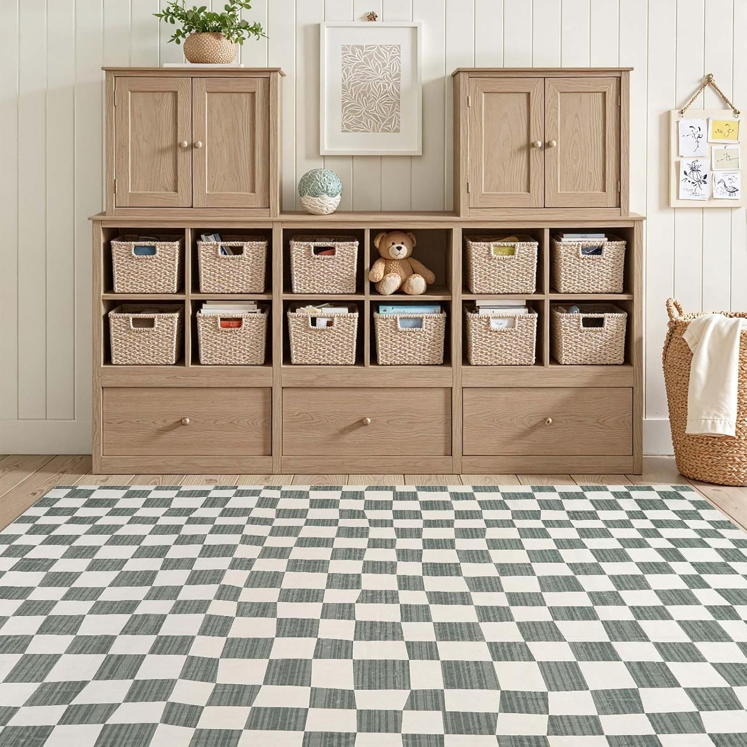 jinchan 5x7 Checkered Area Rugs for Kids Room - Machine Washable Soft Rug Modern Geometric Lattice Non-Slip Carpet for Nursery Playroom Classroom Living Room Bedroom Dining Room Home Office Grey - Image 5