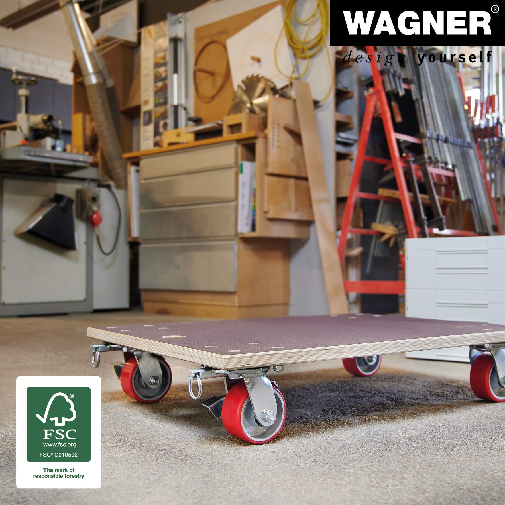 WAGNER Transportroller Transporthilfe 1348 I Schichtholz 24 mm mit Grip 78 x 59 x 16 cm, Tragkraft 1.000 kg I Schwerlastroller für Umzzg, Werkstatt, Handwerk I Softrollen & Bremsen I FSC® I Made in DE