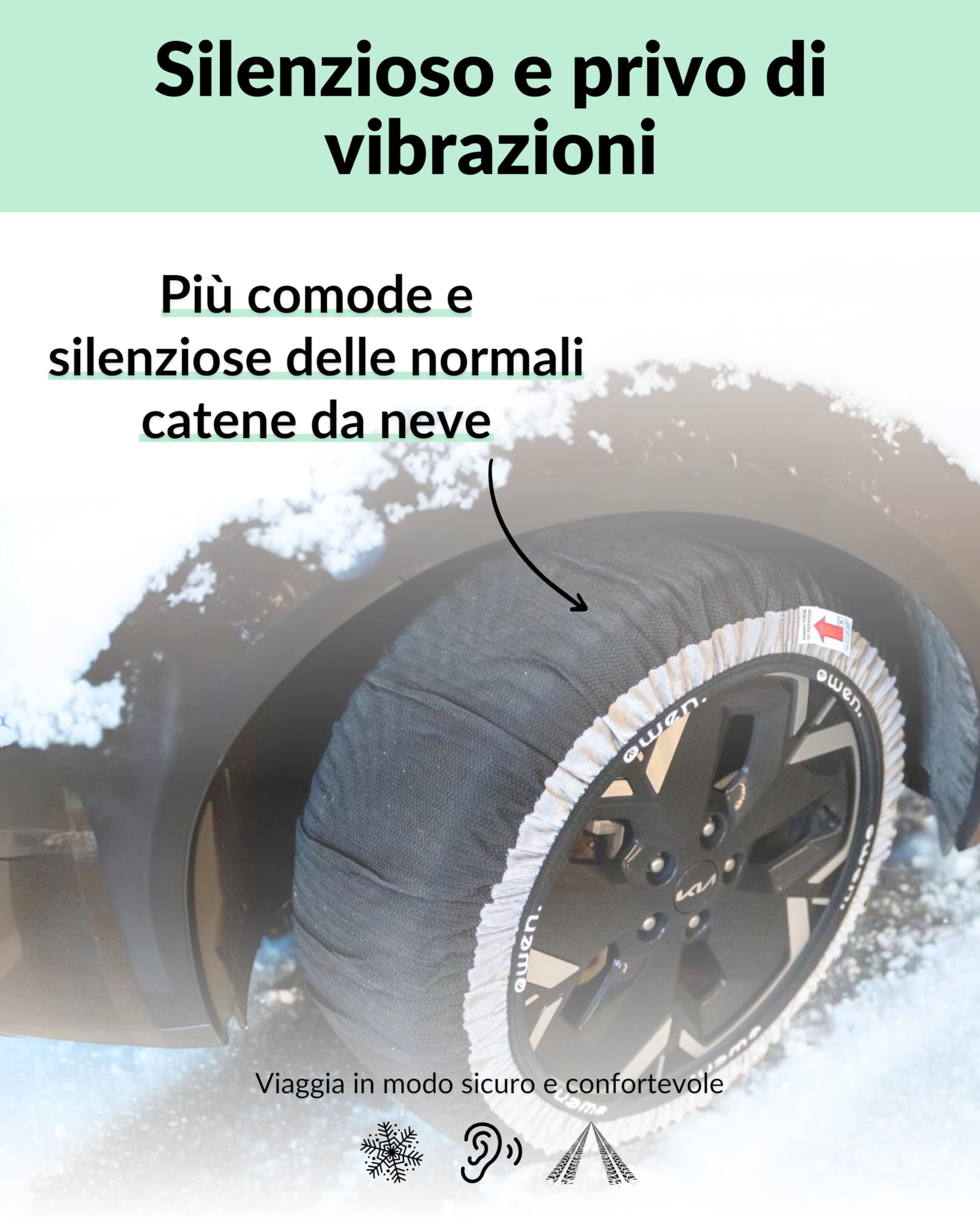 OWEN calze da neve XS-XXL | Certificato EN 16662-1 | Omologate Italia | Protezione cerchioni | Tessuto 3D antiscivolo | Compatibile ABS/ESP | Polipropilene resistente | Set 2 pezzi | Facili da montare