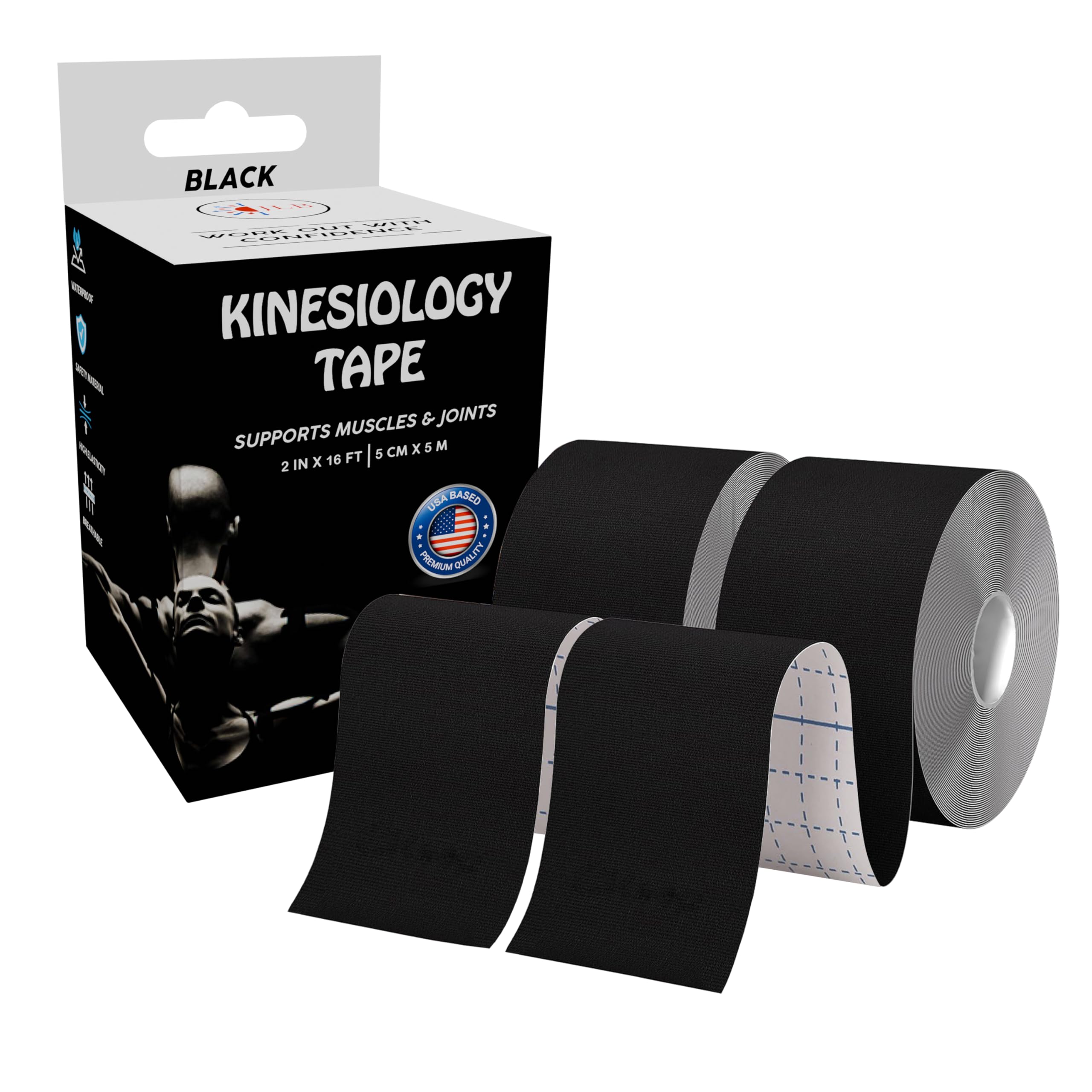 JLB Kinesiology Tape 2 Rolls 16ft Each Strong Adhesion Waterproof Sweatproof Latex-Free Sports Tape for Pain Relief Muscle