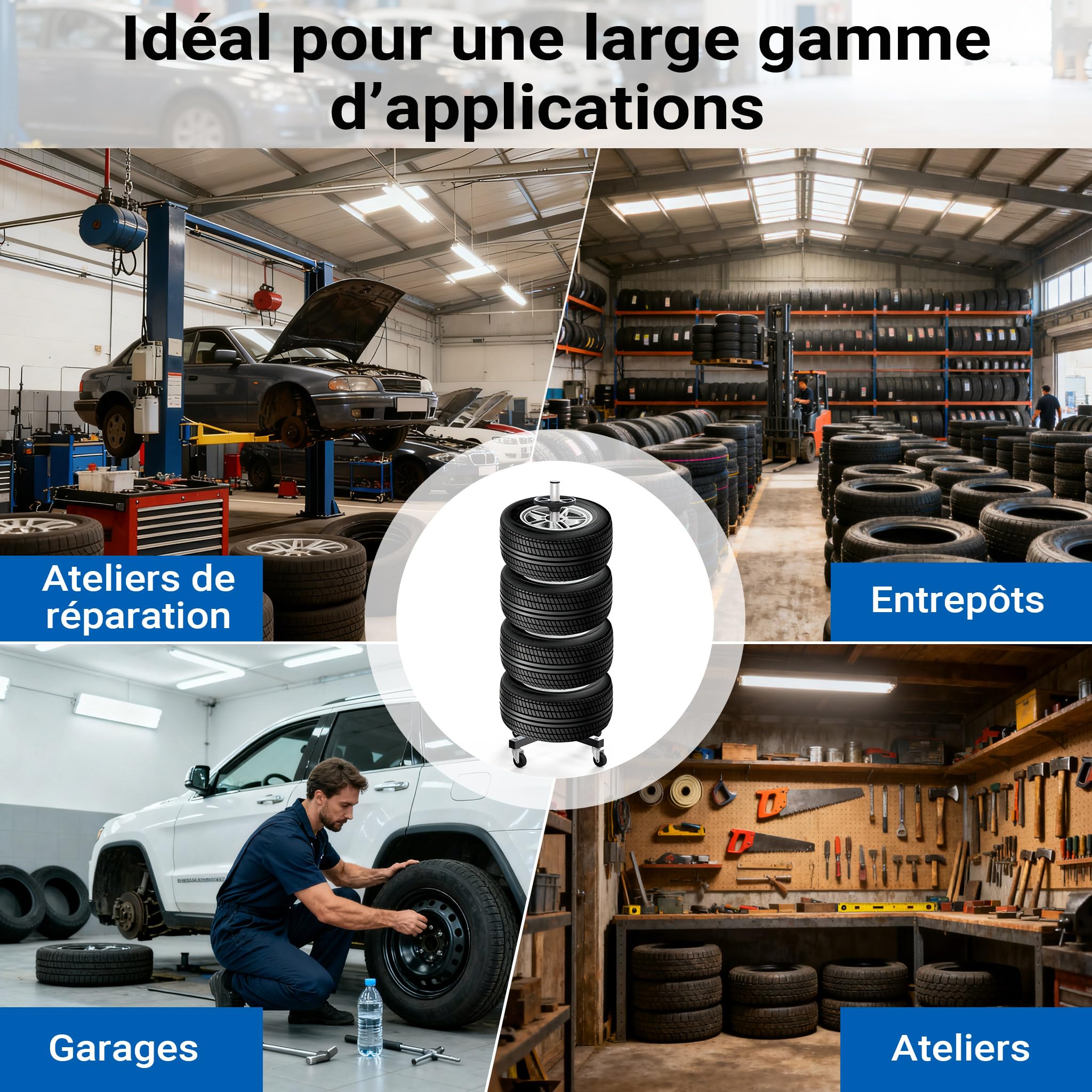 WilTec Support de Rangement Mobile pour pneus Range - Jantes Jusqu’à 225 mm Arbre à pneus Garage Cave
