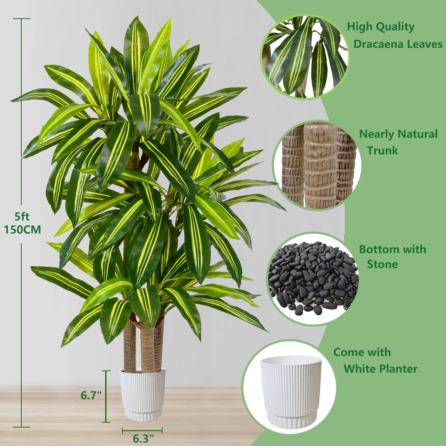 Artificial Dracaena Tree 5ft, Fake Yucca Plant with White Planter and Lifelike Leaves, Faux Dracaena Tall Floor Trees for Home Office Garden Décor - Image 2