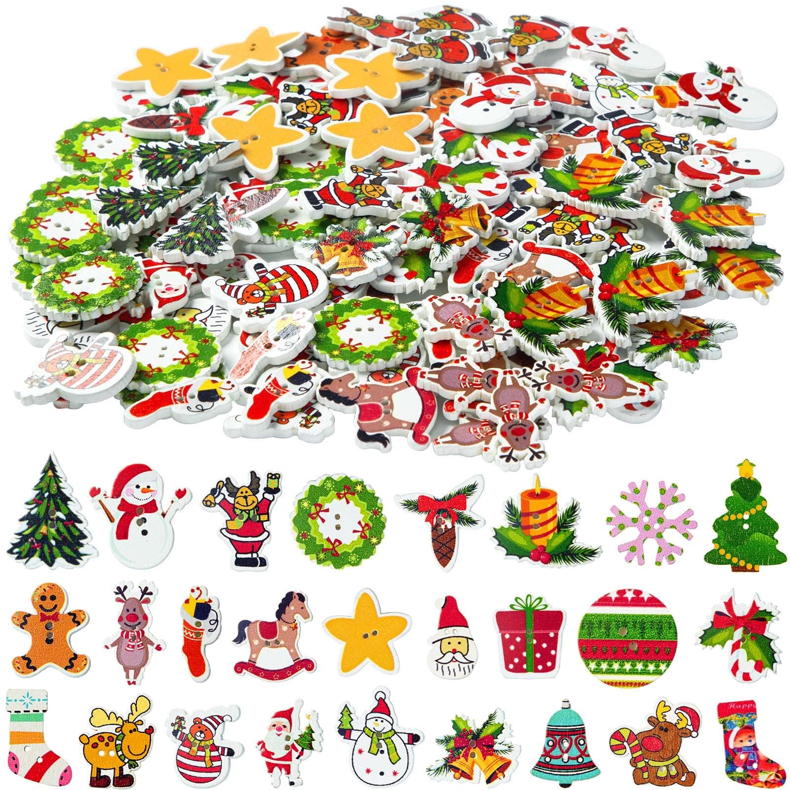 200Pcs Wooden Christmas Buttons, Multiple Christmas Elements Button, 1 Inch