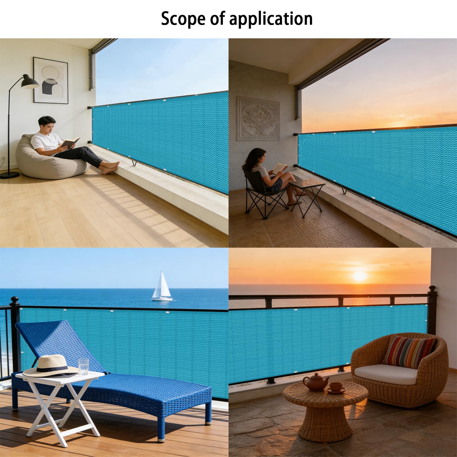 Telo Balcone 60 x 650 cm in HDPE 220G ㎡, Permeabile, Anti-Uv, Frangivento, Protezione Solare, Recinzione Copertura per Balcone con Fascette e Funi para Jardín Exterior, Blu