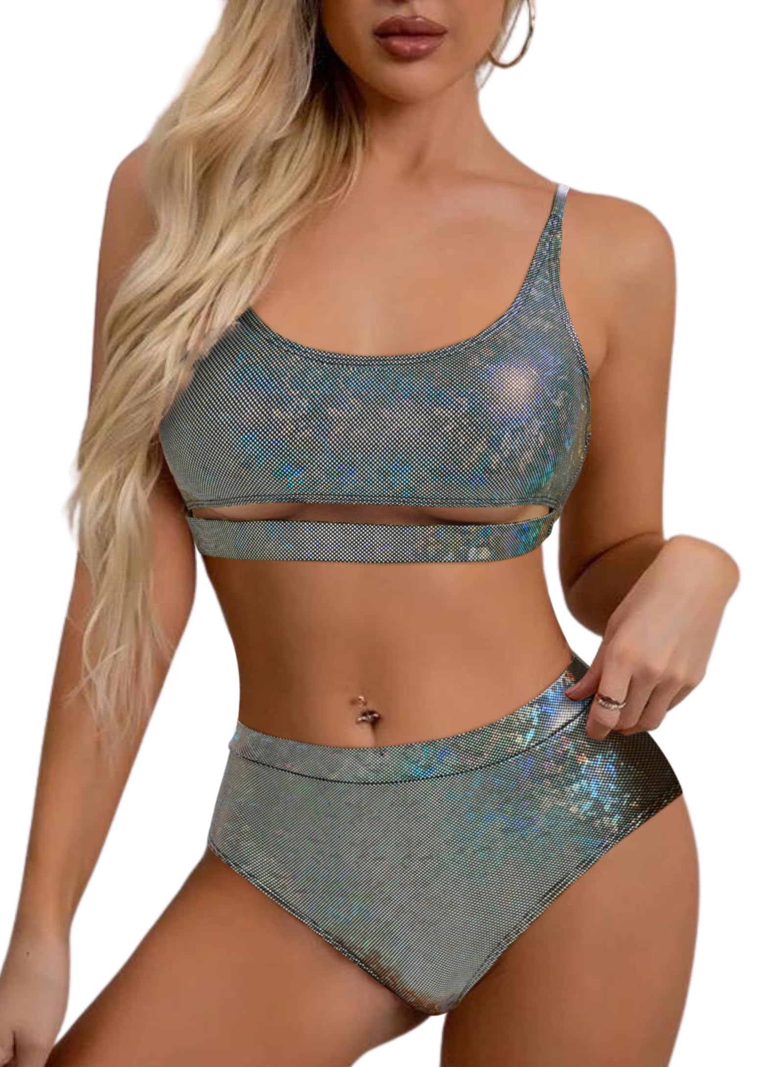 Glitter Rave Outfits for Women - Music Festival Metallic EDM Holographic Swimsuit Sexy Underboob Top Dance Bottom