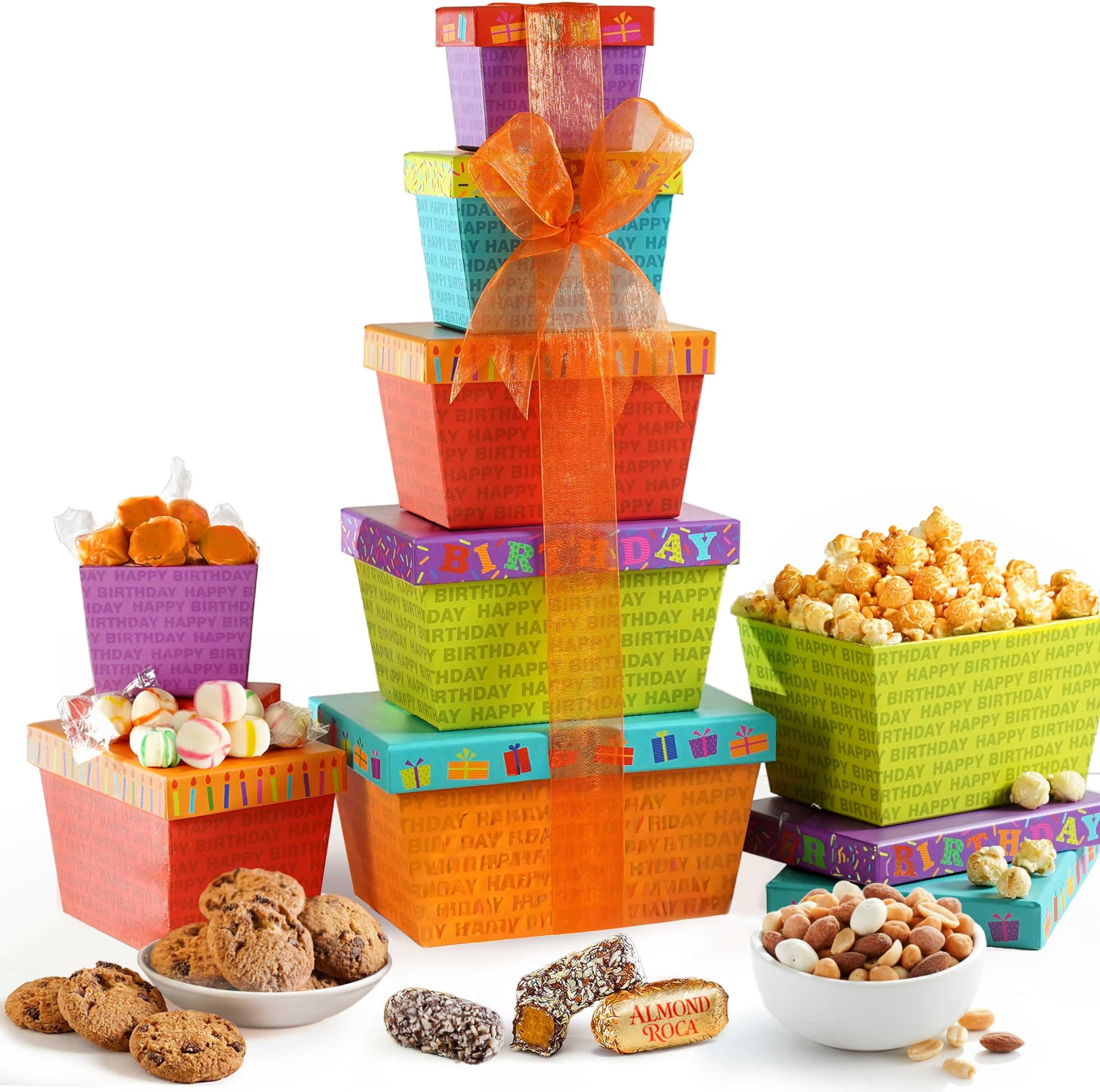 Food Chocolate Gift Basket Tower for Birthdays – Curated Snack Box, Sweet and Savory Treats for Parties, Best Wishes, Birthday Presents for Women, Men, Mom, Dad, Her, Him, Families