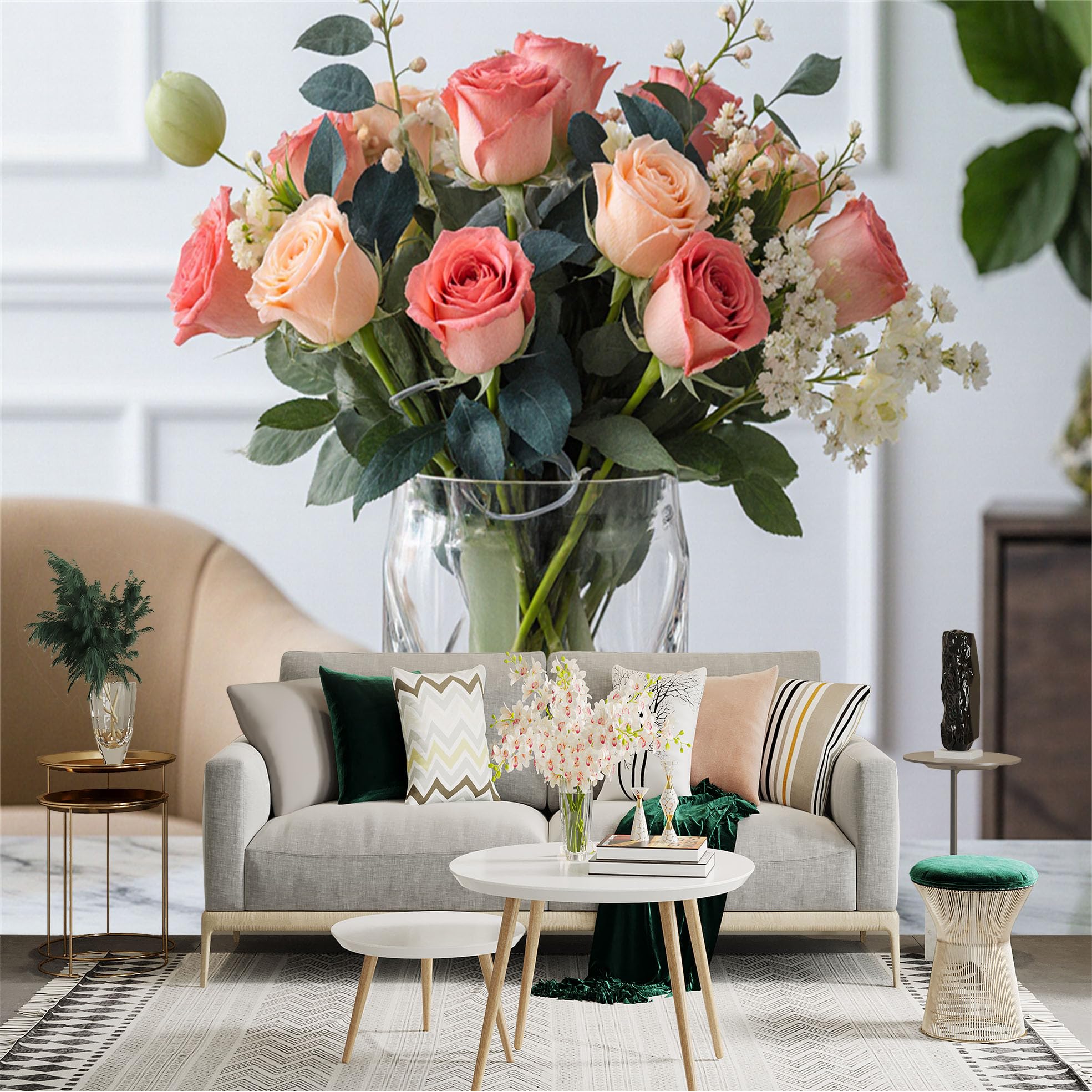 Custom Size Wall Sticker Mural， Elegant Pink Rose Bouquet in Glass Vase， Fresh Floral Arrangement， Romantic Botanical Decor， for wall Decoration， peelandstick wall Decals.