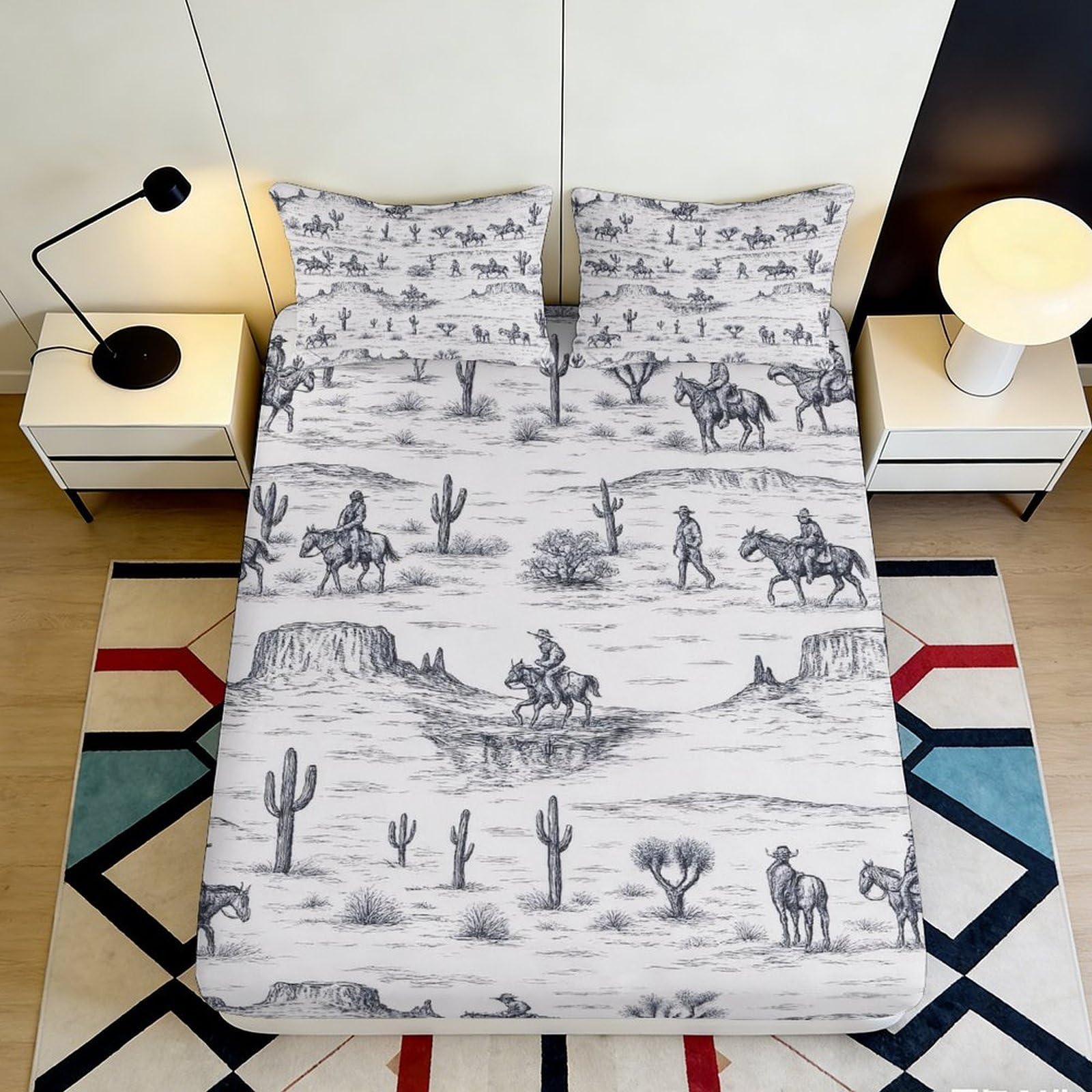 3D Printed Western Cowboy Fitted Sheet Microfiber Soft Breathable Desert Cactus Mattress Cover for Bedroom Decor 90x200x25cm