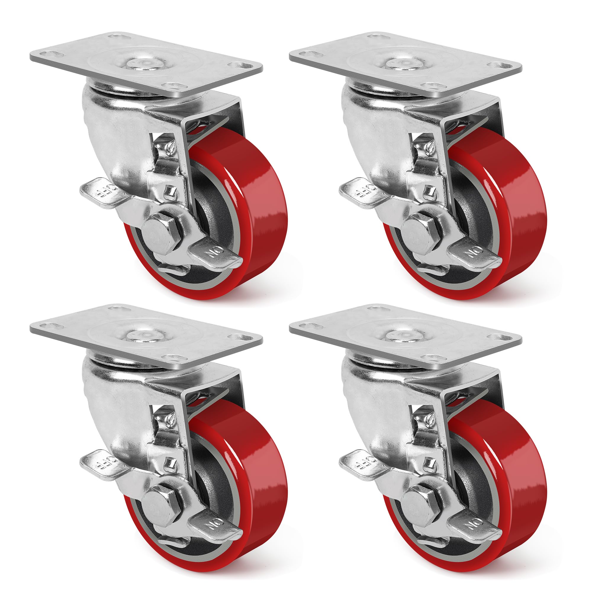 Sohnvwtgd 3 Inch Heavy Duty Casters, Swivel Caster Wheels With Brake, Polyurethane On Steel Wheel- Casters Set Of 4 With 1400 Lb Capacity, Caster Wheels For Furniture Workbench Cart (4 Side Brake)