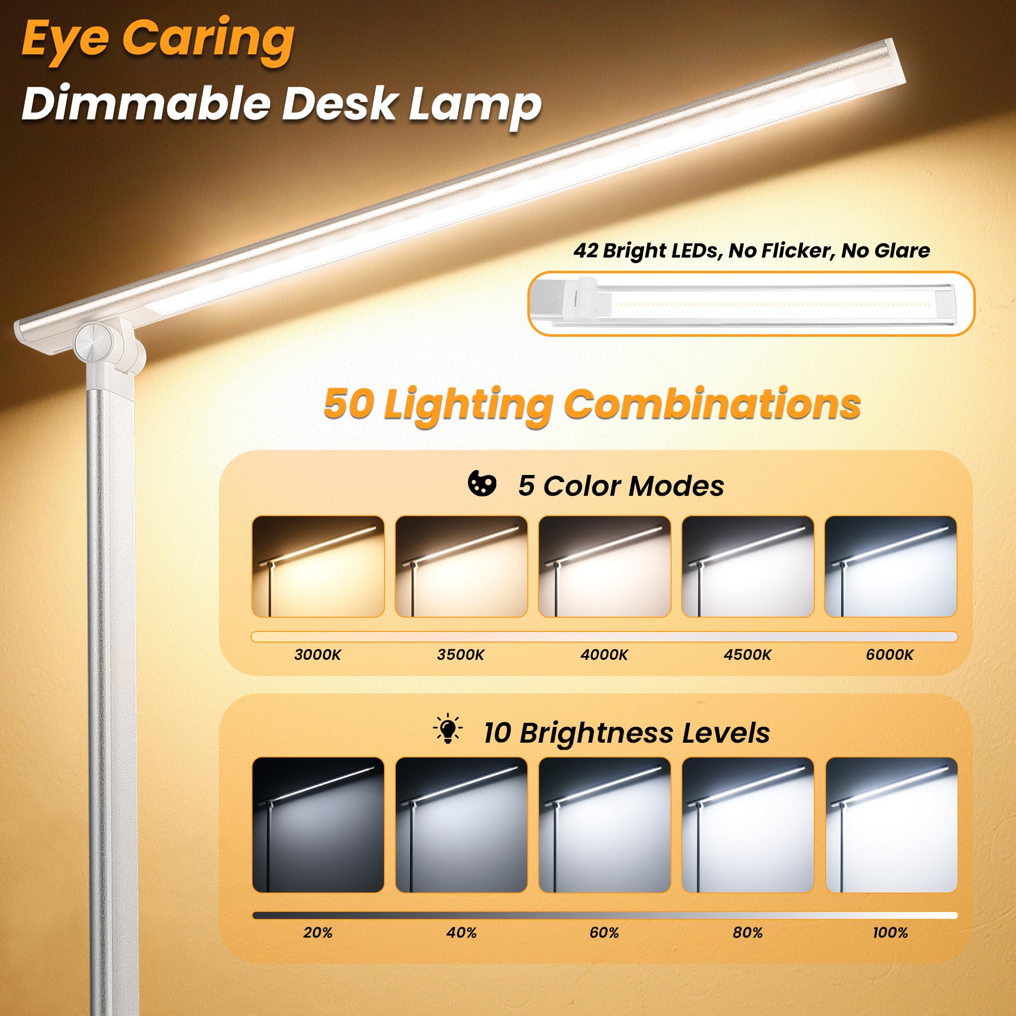 Akynite LED Desk Lamp Dimmable with USB C Port, 5 Color Changing 10 Brightness, 45Min Timer Touch Control LED Desk Light - Image 3