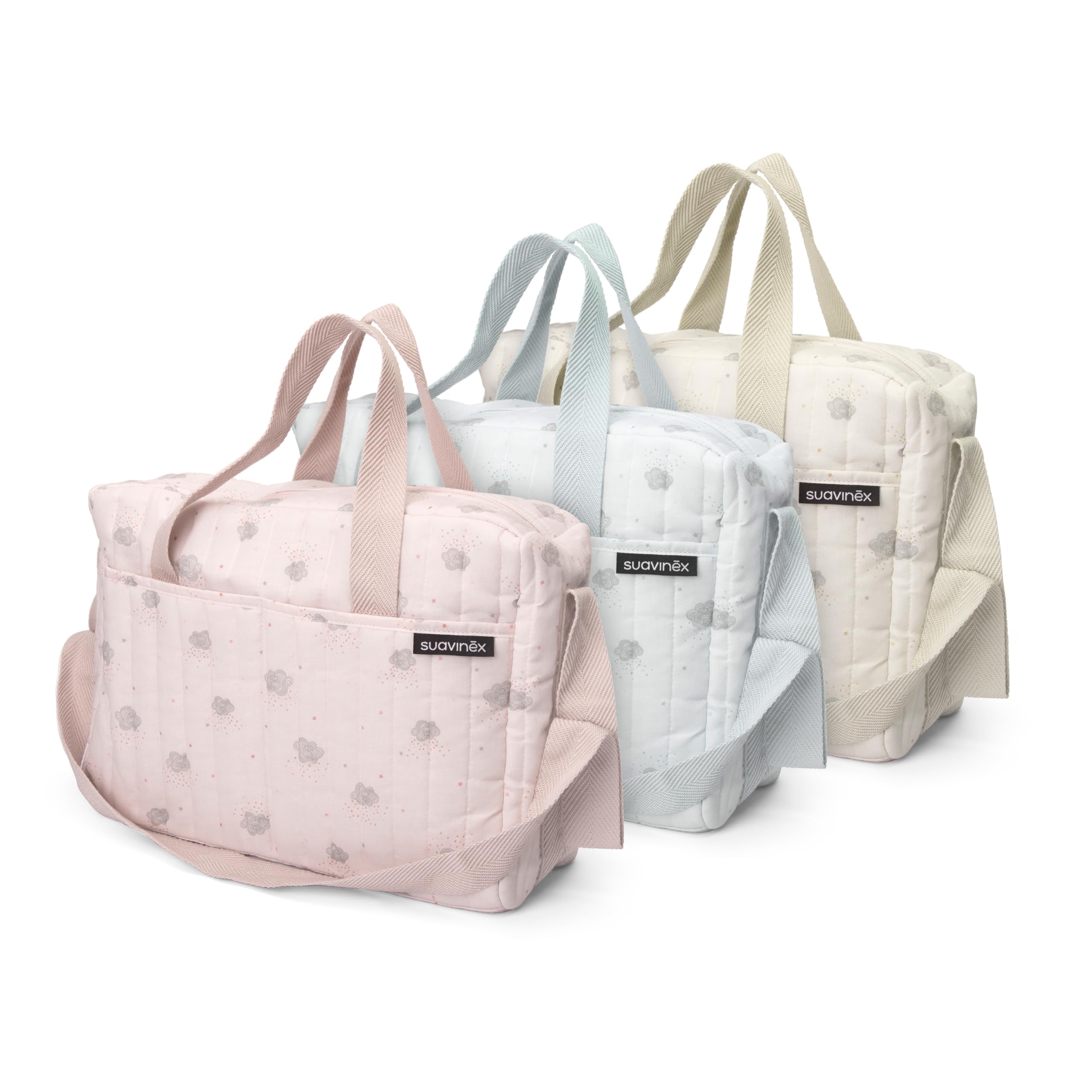 Suavinex, Sac à Langer Bébé avec Cosmétique : Gel Lavant Doux 300 ml + Lait Hydratant 300 ml + Crème de Change 75 ml + Lingettes 60 Unités. Cadeau Naissance Fille et Garçon, Panier Nouveau-Né, Bleu
