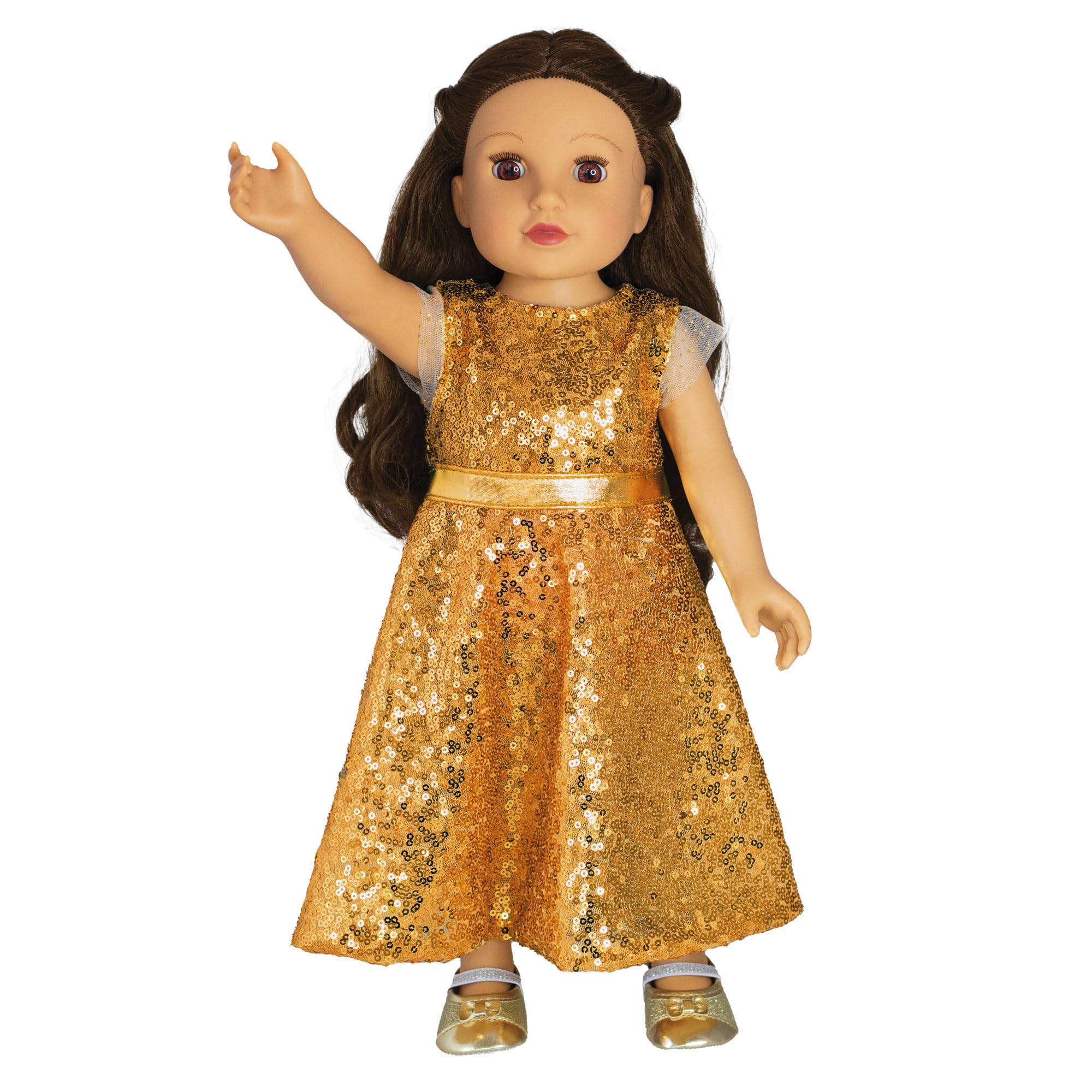 Robe Heless Goldstar Pour Poupée 35-45 Cm – Paillettes Dorées, Ceinture, Tulle – Fermeture Velcro, Livrée Avec Cintre