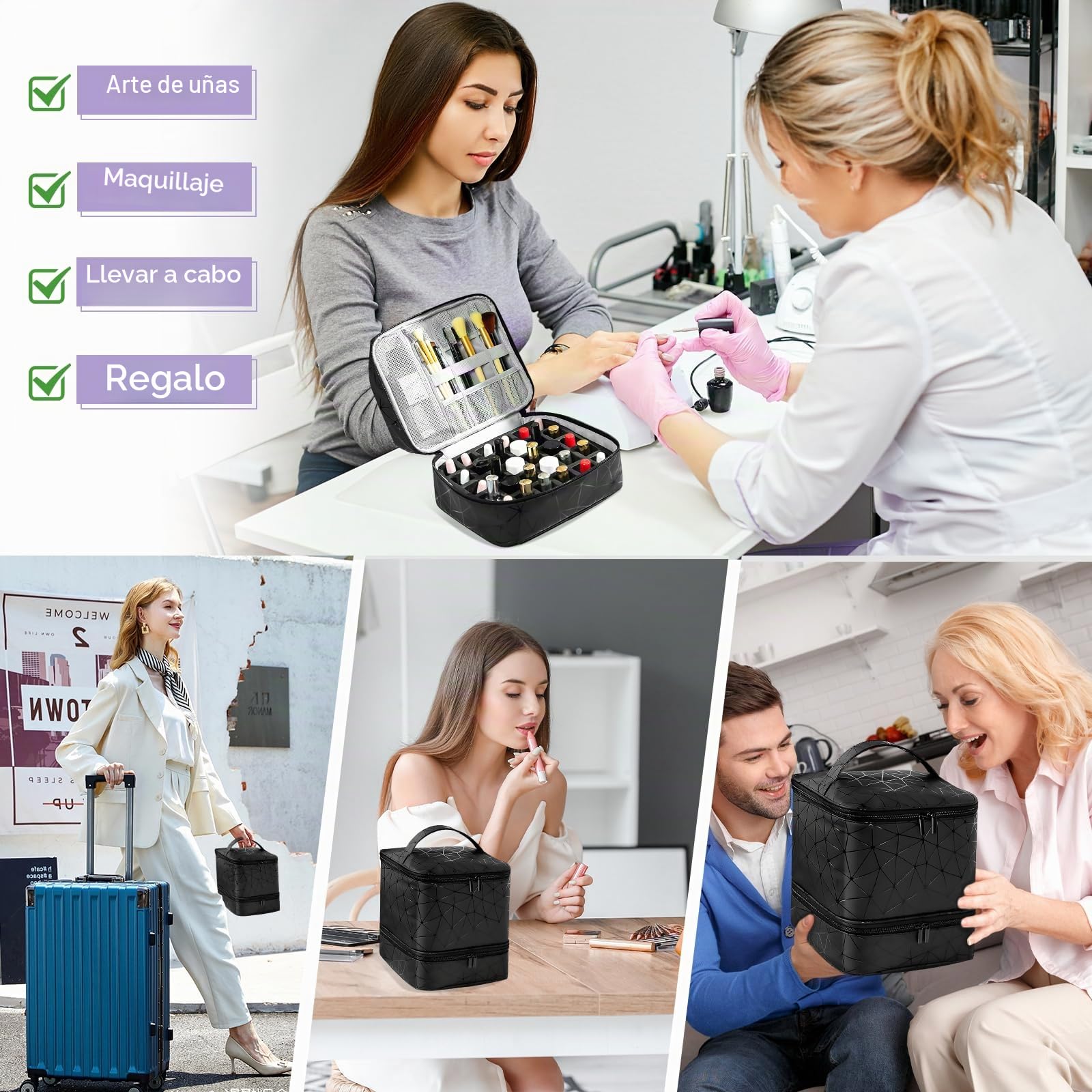 HA BIN Organizador de Esmaltes de Uñas Doble Capa para 30 Botellas + Lámpara Bolsa de Viaje Impermeable con Compartimentos, para Manicura Profesional y en Casa