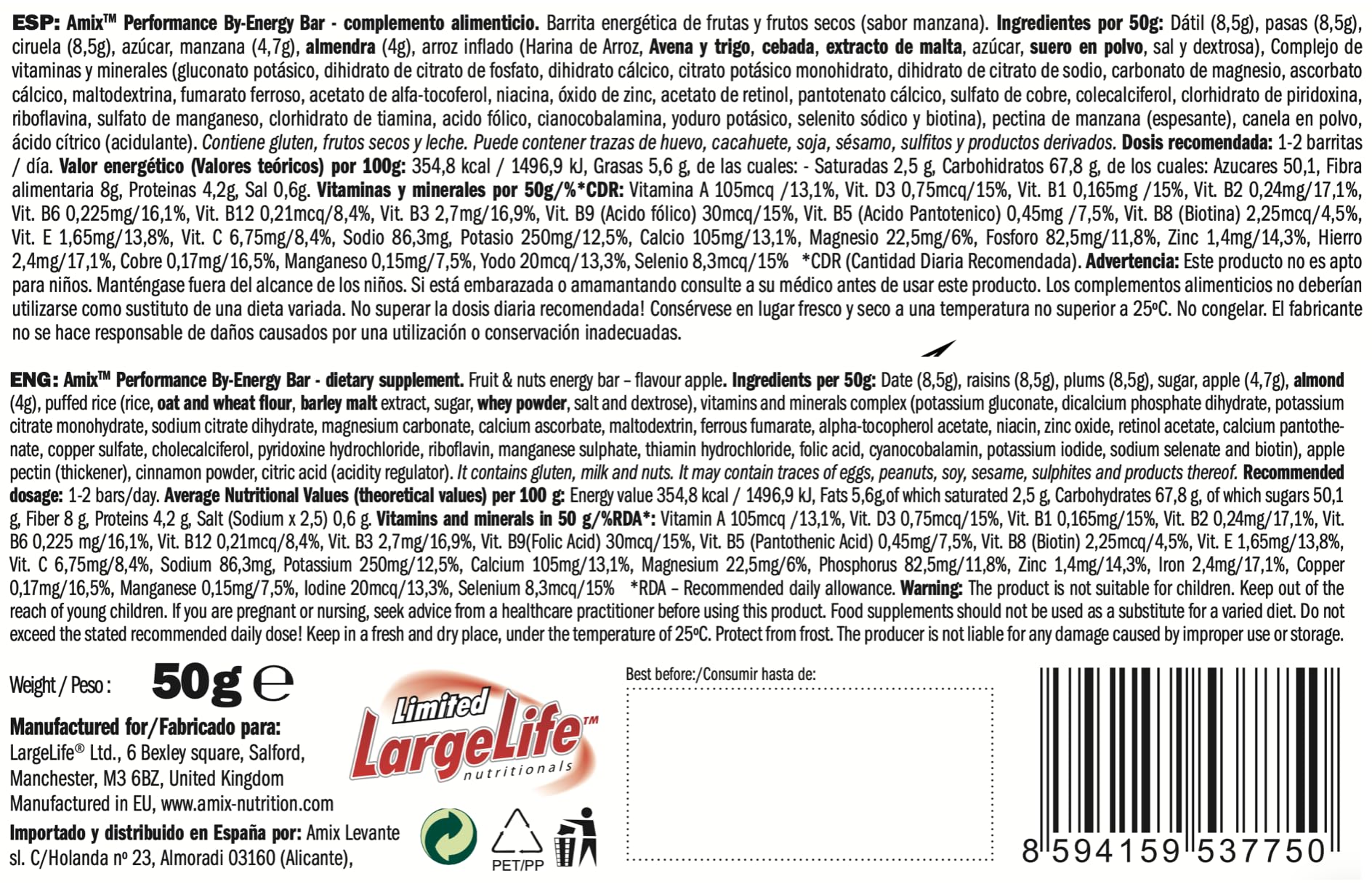 AMIX - Pack de 20 Barritas de Proteínas de 50 g - Contiene Hidratos de Carbono - Ayuda al Rendimiento Físico - Fuente de Minerales y Vitaminas - Sabor Manzana Verde