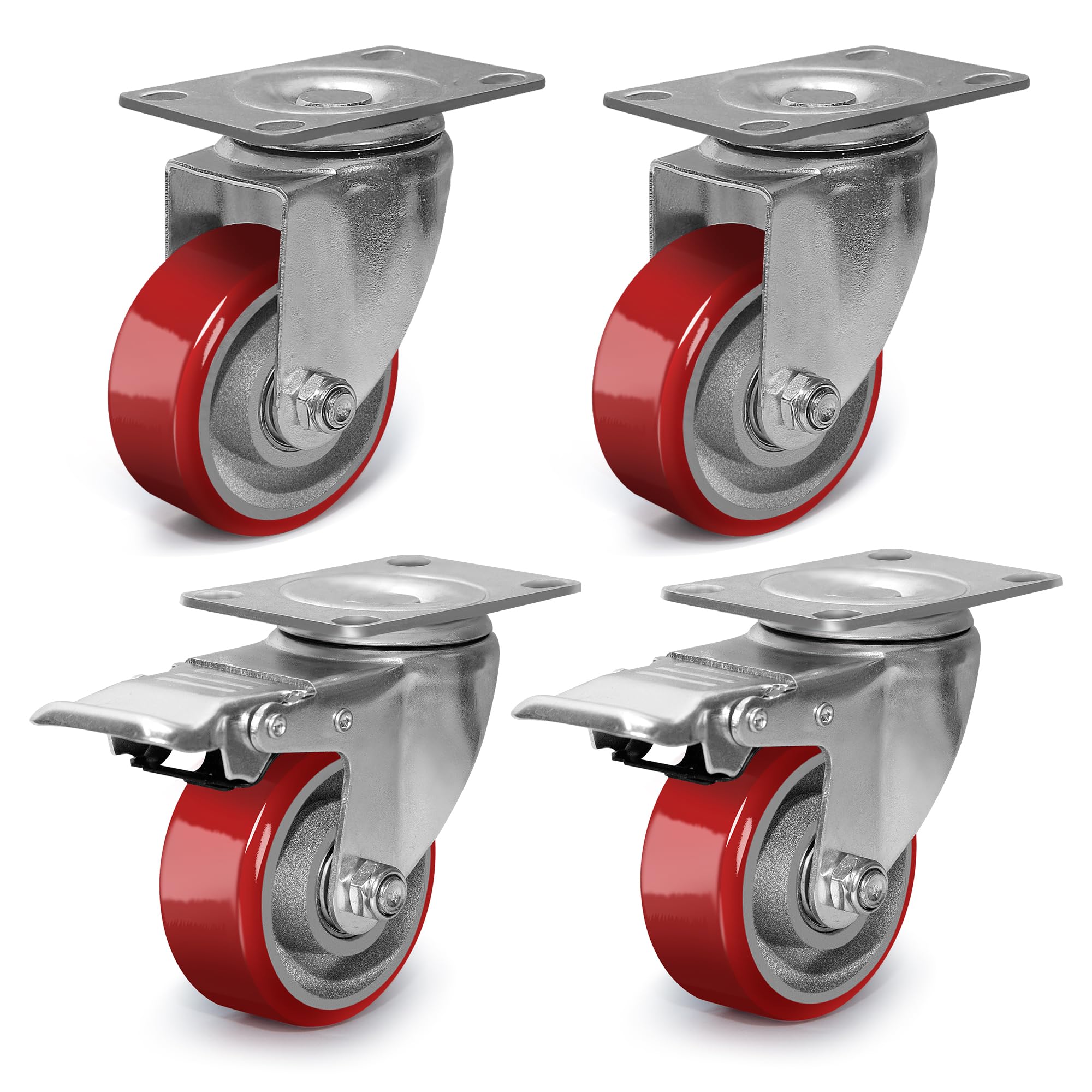 3 Inch Heavy Duty Casters, Swivel Caster Wheels with Brake, Polyurethane on Steel Wheel- Casters Set of 4 with 1400 lb Capacity, Caster Wheels for