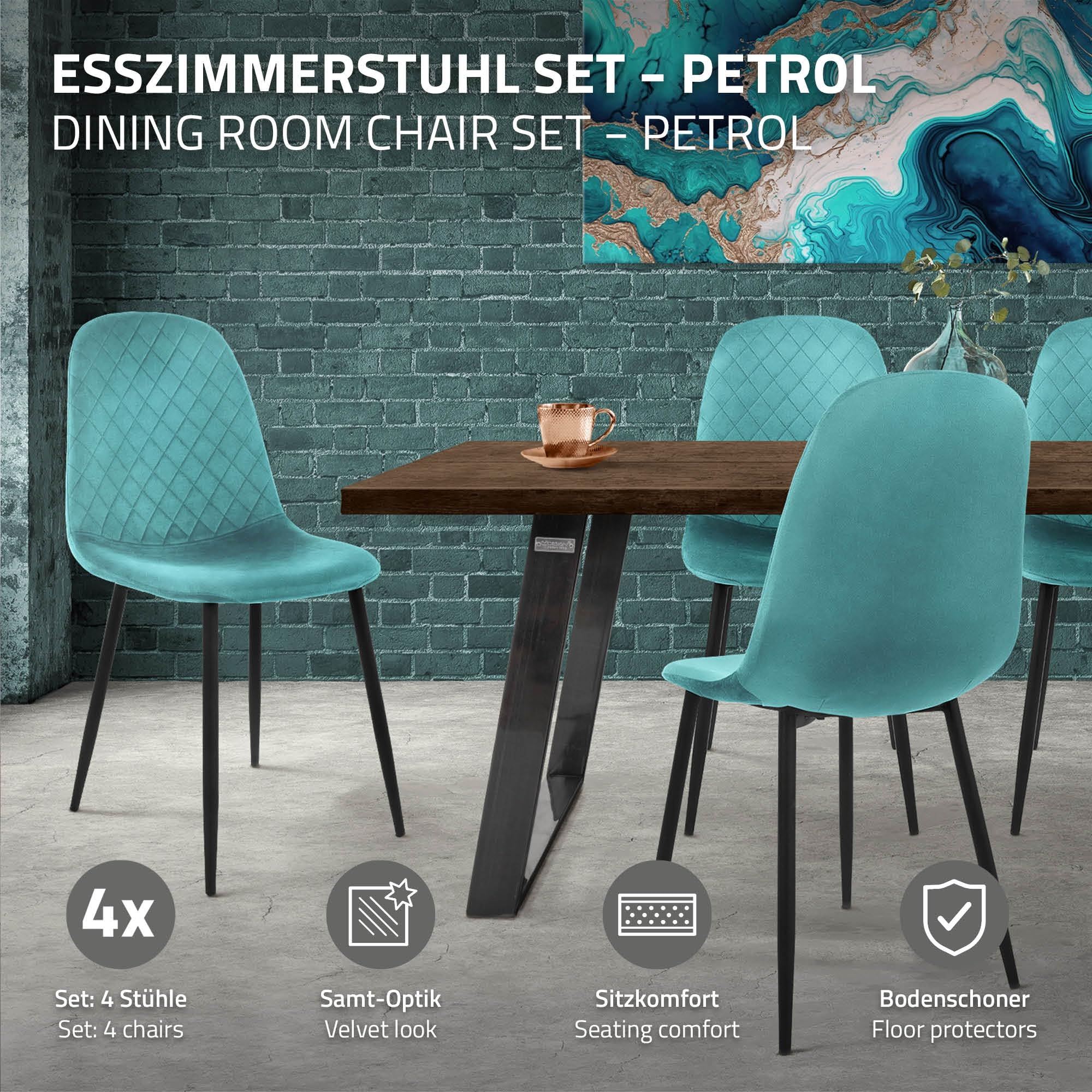 ML-Design Set di 4 Sedie per Sala da Pranzo Rivestimento in Velluto Petrolio Poltroncine da Cucina con Schienale e Gambe in Metallo Seduta Ergonomica Sedia per Soggiorno Salotto