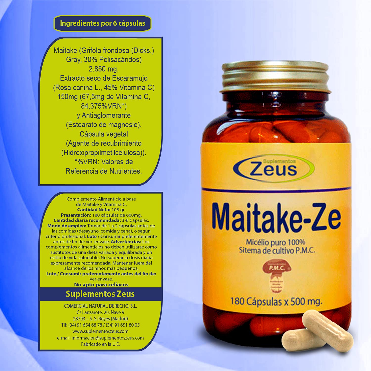 MAITAKE-ZE | contribuye al funcionamiento normal del sistema inmunitario | Complemento Alimenticio a base de Maitake y Vitamina C | 100% Vegano | 180 Cápsulas Vegetales