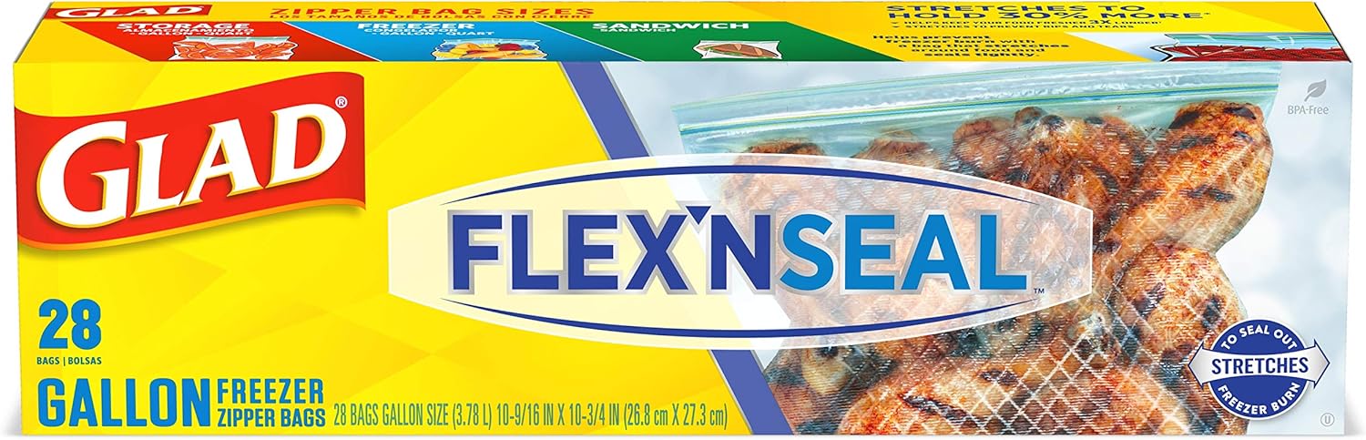 Glad Flex'N Seal Freezer Storage Plastic Bags, Gallon, 28 Count (Package May Vary) 28 Count (Pack of 4)