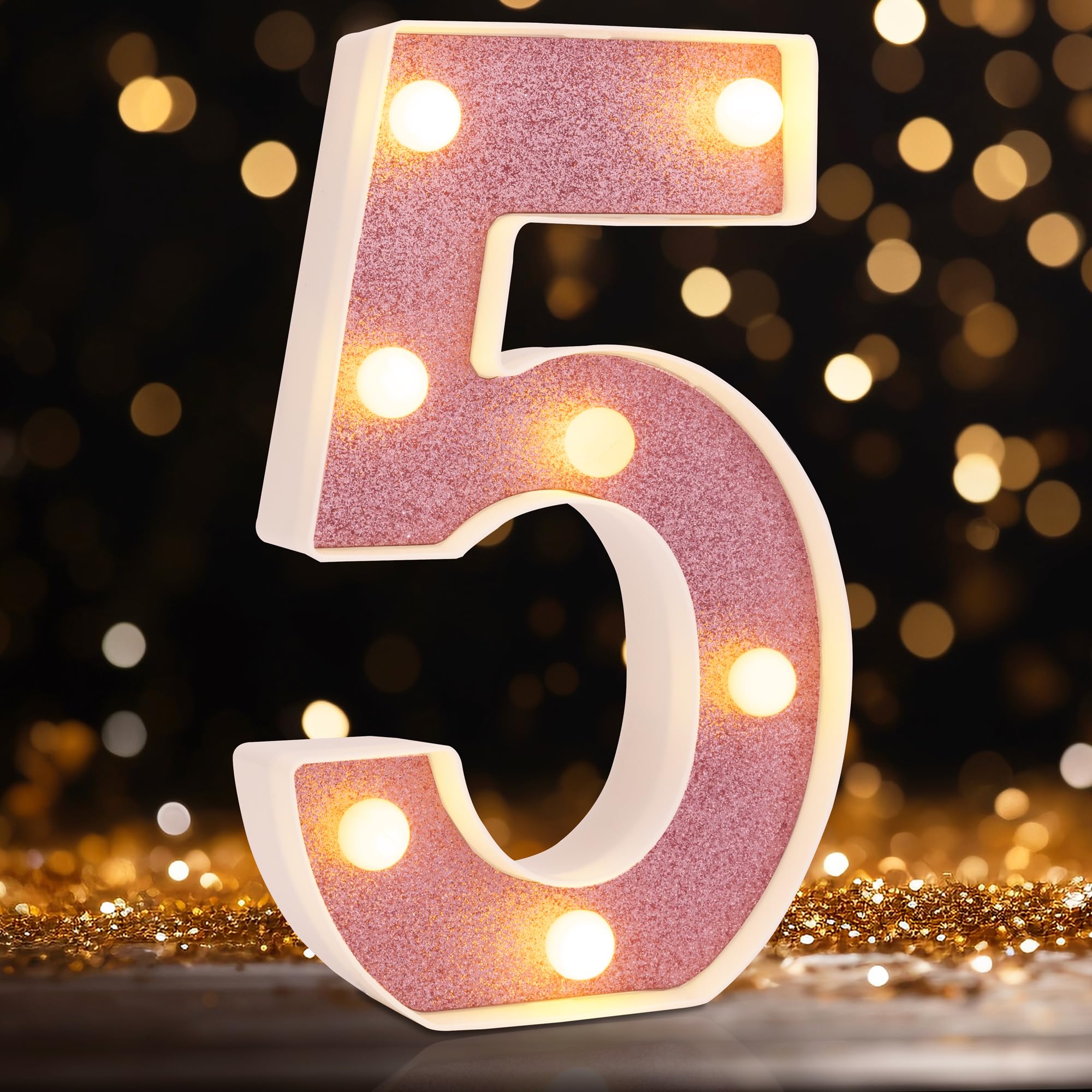 DyingSwan LED Marquee Numbers, 2025 Light Up Numbers for Party, Small Light Up Letters, Battery Powered Lighted Number for Birthday or Home Decor (Pink Glitter 5)